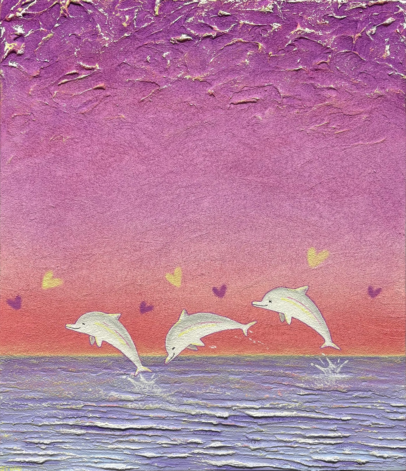 A painting of three dolphins jumping out of the water.