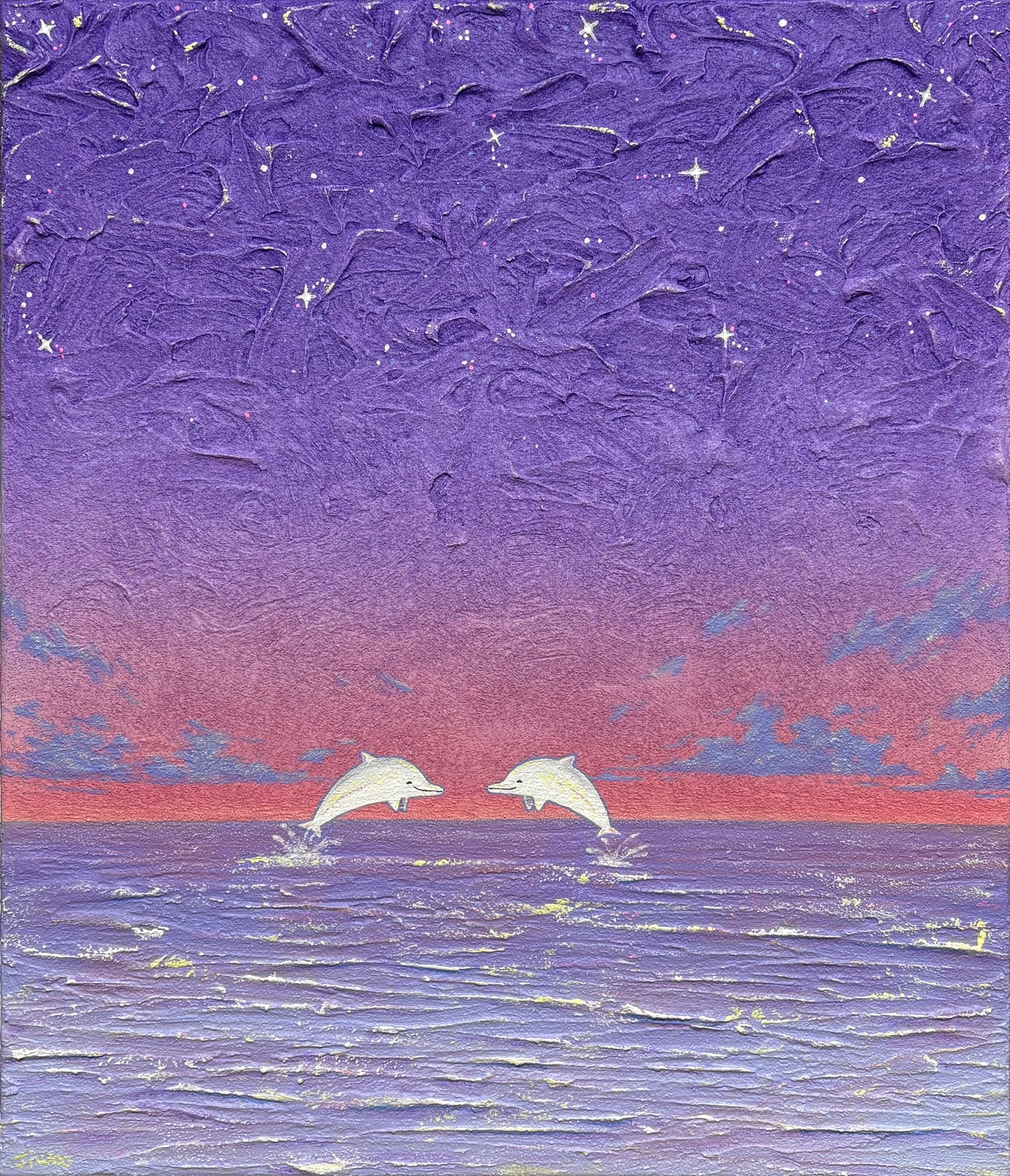 A textured painting of two dolphins leaping over a purple ocean under a starry night sky.
