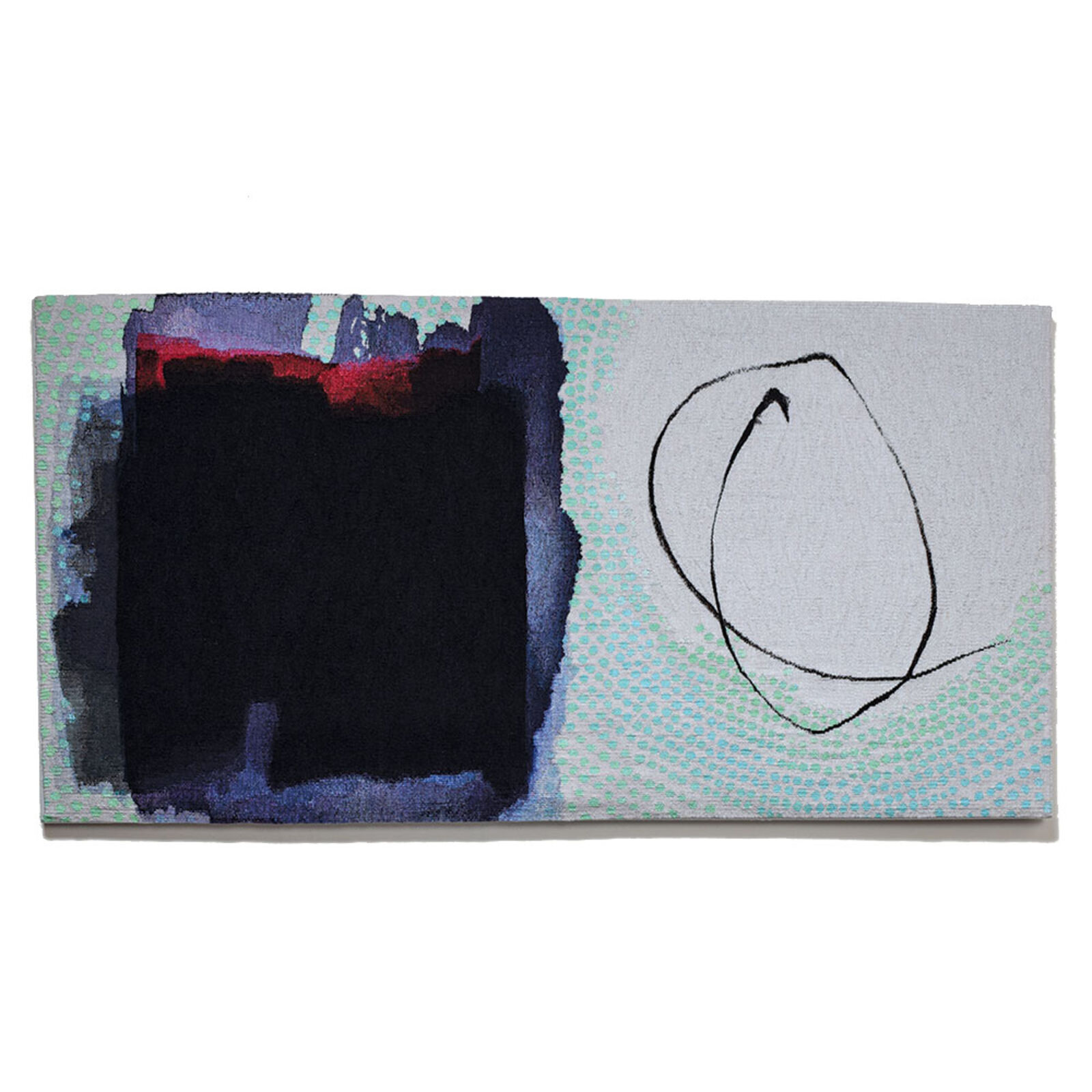 A painting on a white wall with a black and blue design.