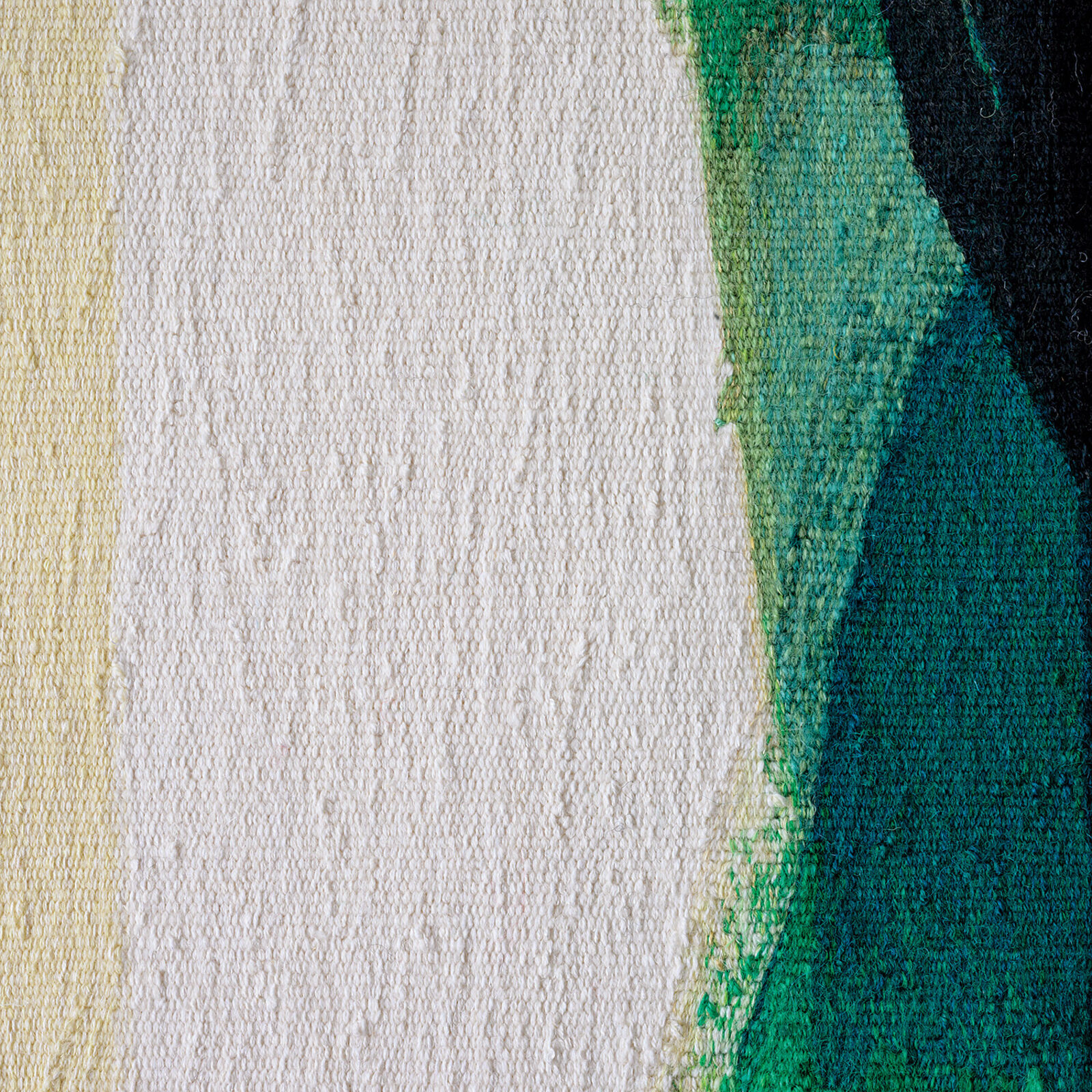 A minimalist abstract painting featuring a central black shape surrounded by vertical strokes of green, pink, and white against a pale yellow background.