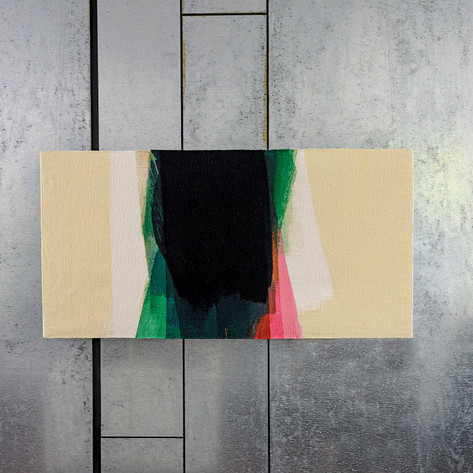 A minimalist abstract painting featuring a central black shape surrounded by vertical strokes of green, pink, and white against a pale yellow background.