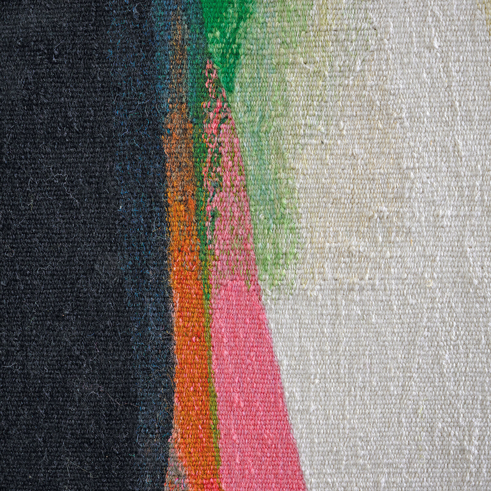 A minimalist abstract painting featuring a central black shape surrounded by vertical strokes of green, pink, and white against a pale yellow background.