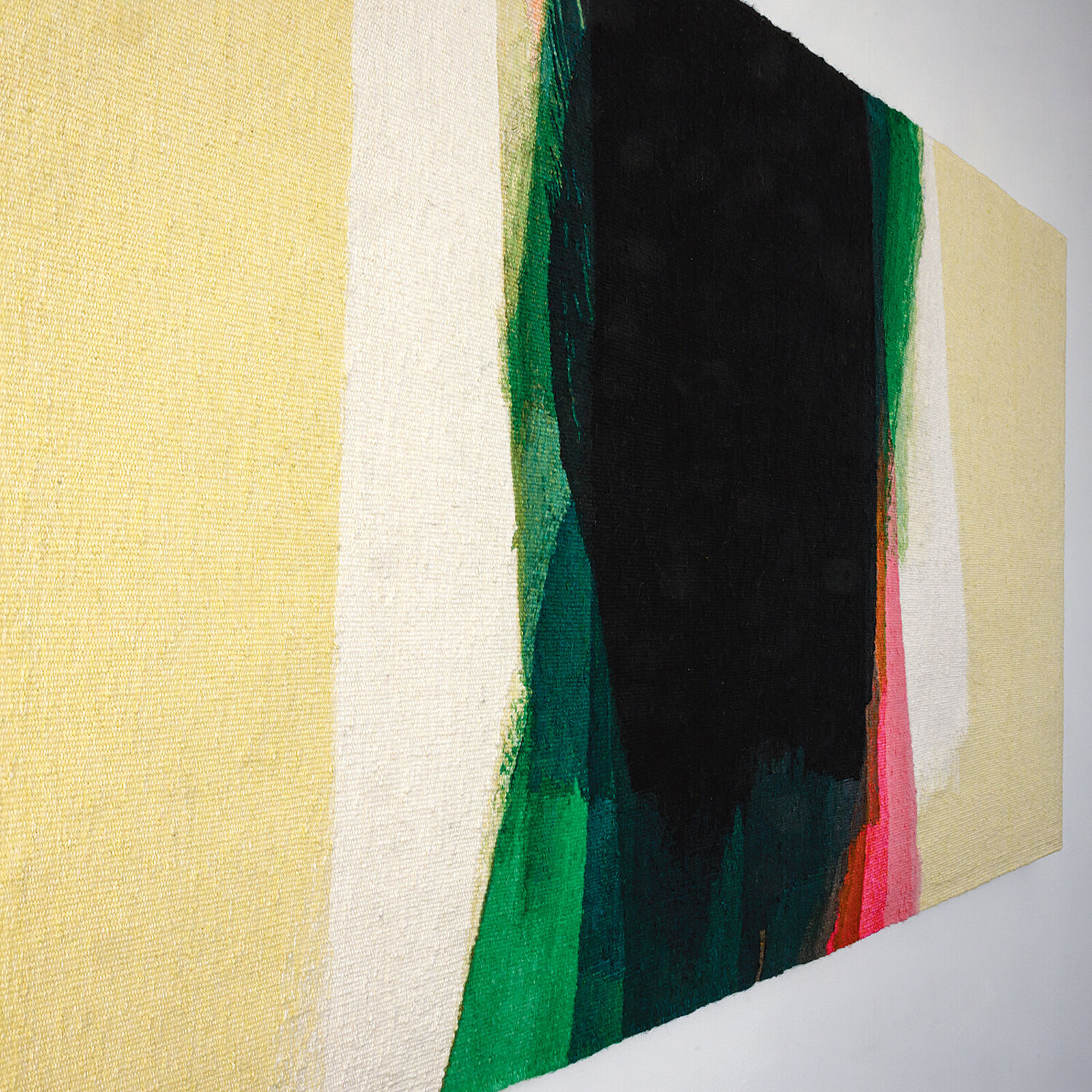 A minimalist abstract painting featuring a central black shape surrounded by vertical strokes of green, pink, and white against a pale yellow background.