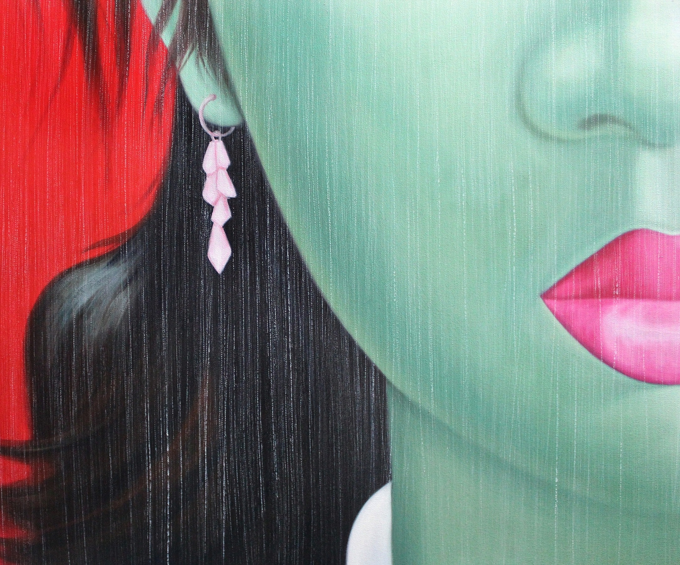 A painting of a woman with black hair and pink lipstick.