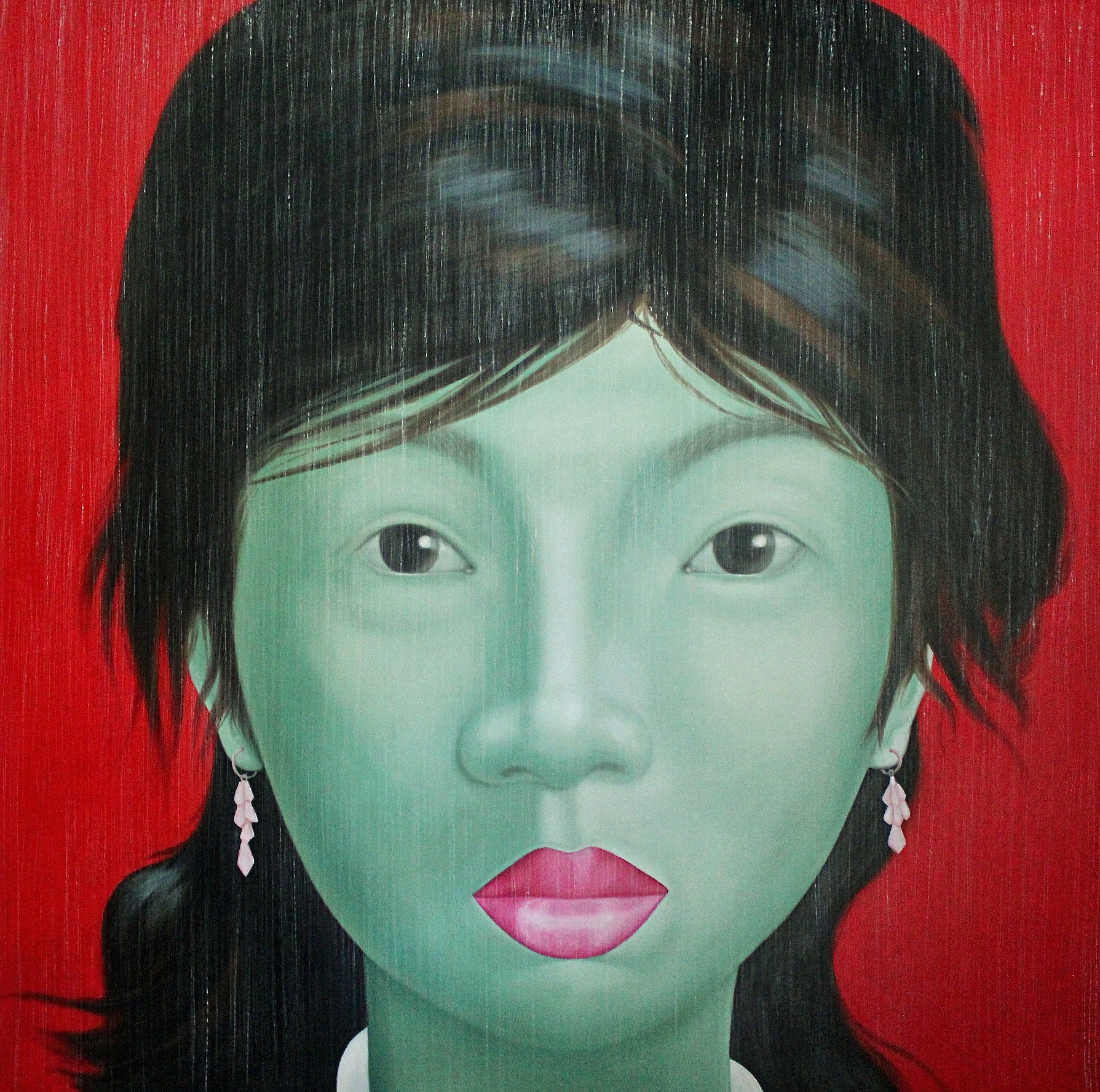 A painting of a woman with black hair and pink lipstick.