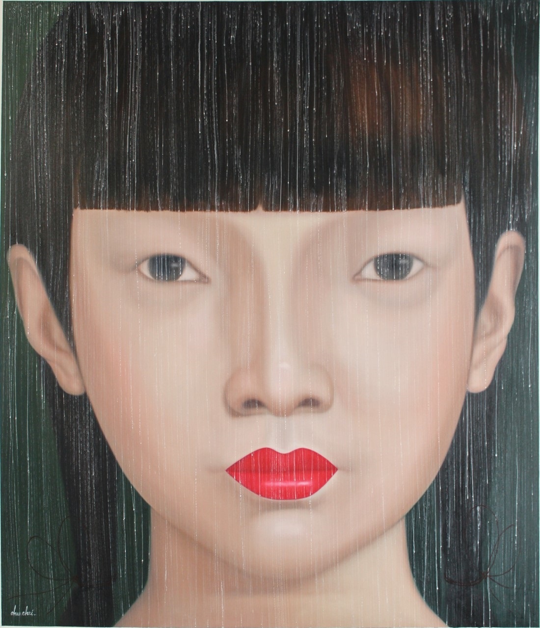 A painting of a woman with black hair and red lipstick.