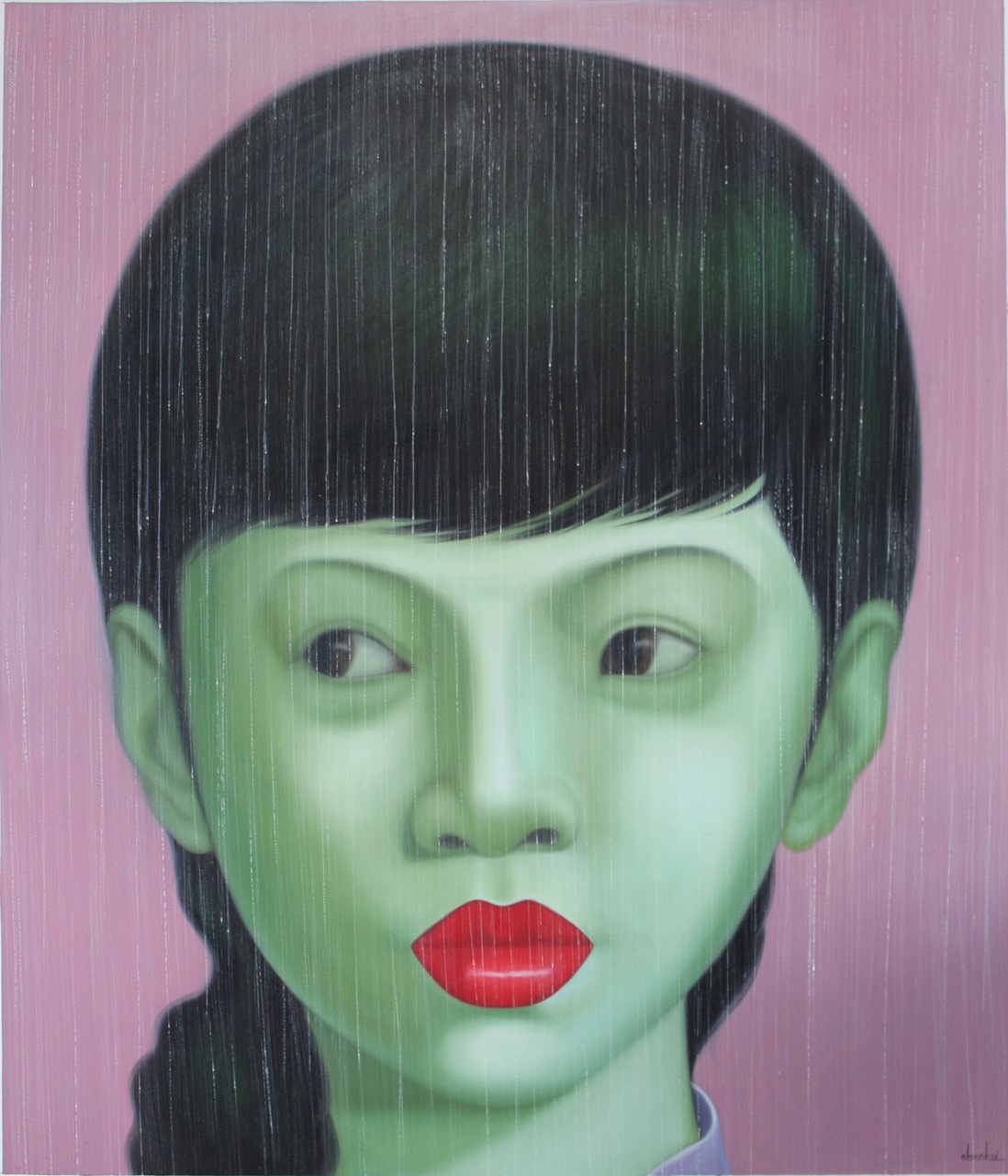 A painting of a woman with black hair and red lipstick.