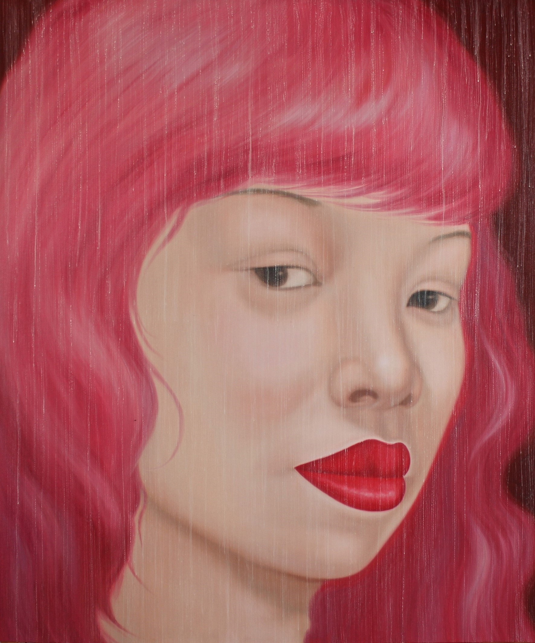 A portrait of a figure with vibrant pink hair and bold red lips against a dark background.