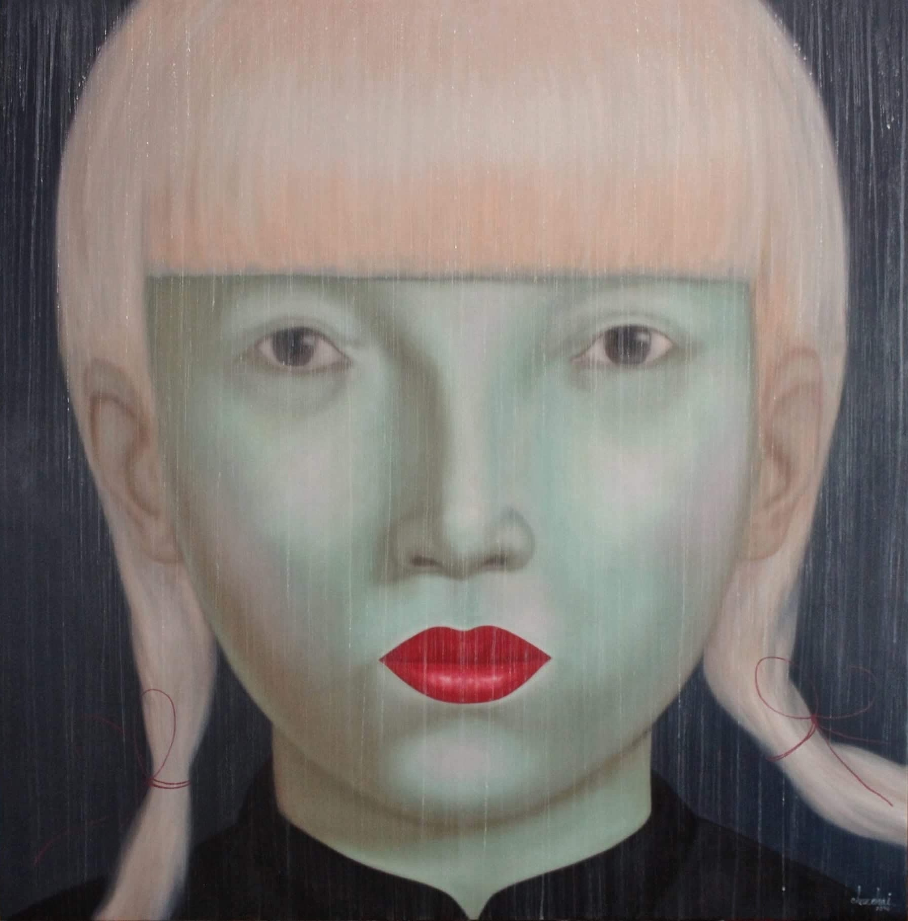 A painting of a woman with pink hair and red lipstick.