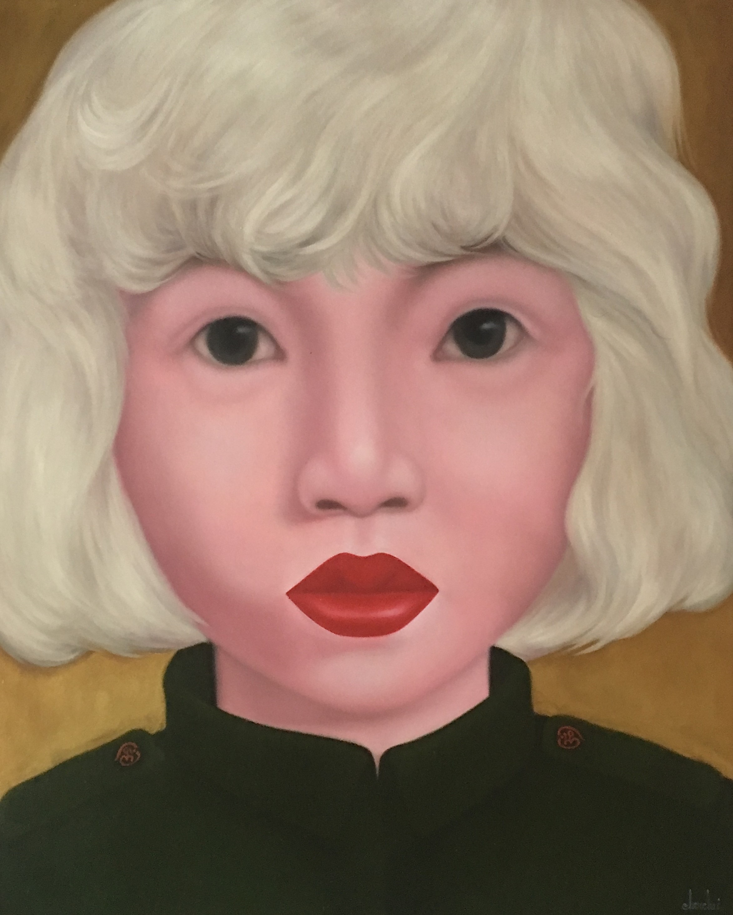 A painting of a woman with white hair and red lipstick.