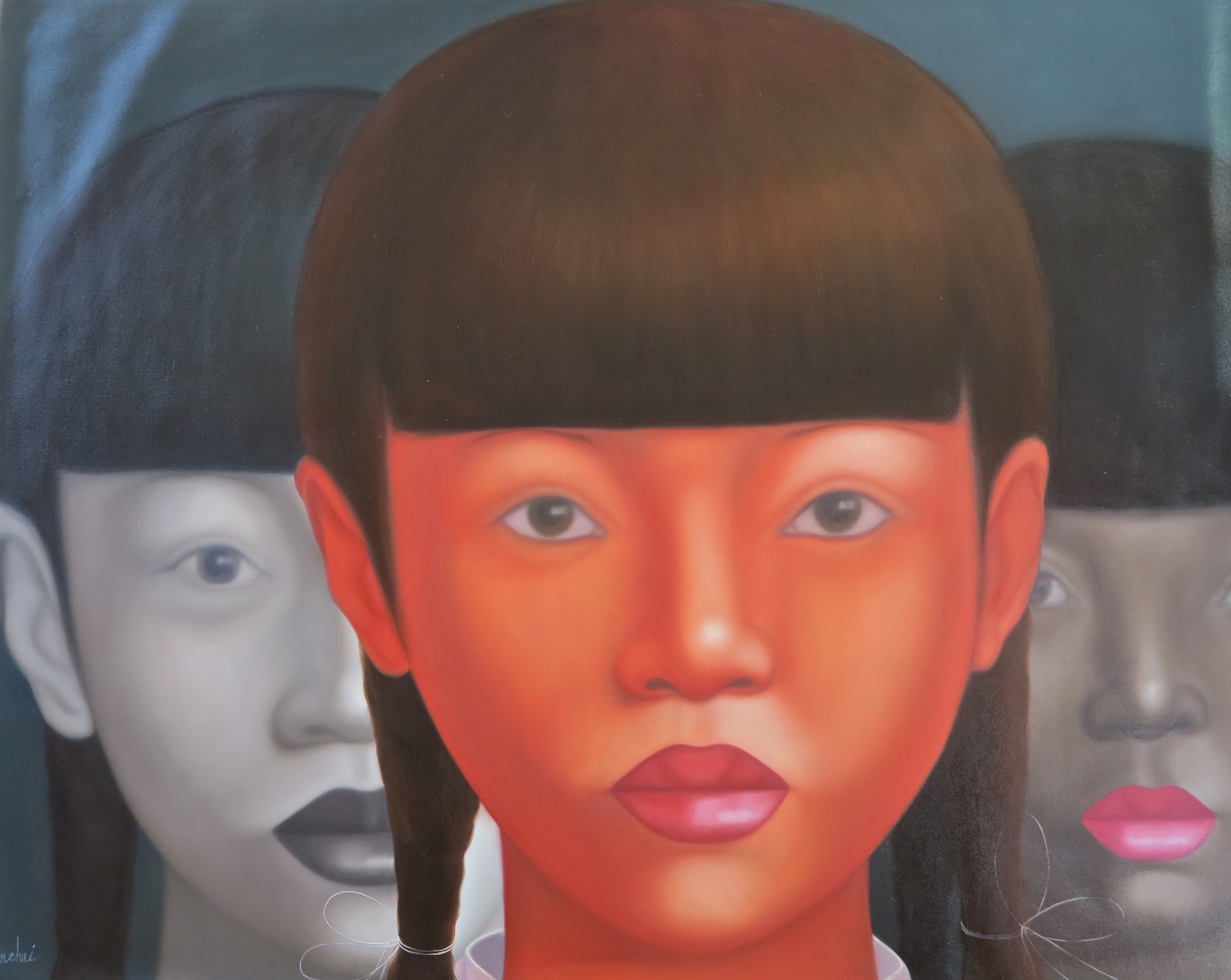 A painting of a group of people with different colored faces.