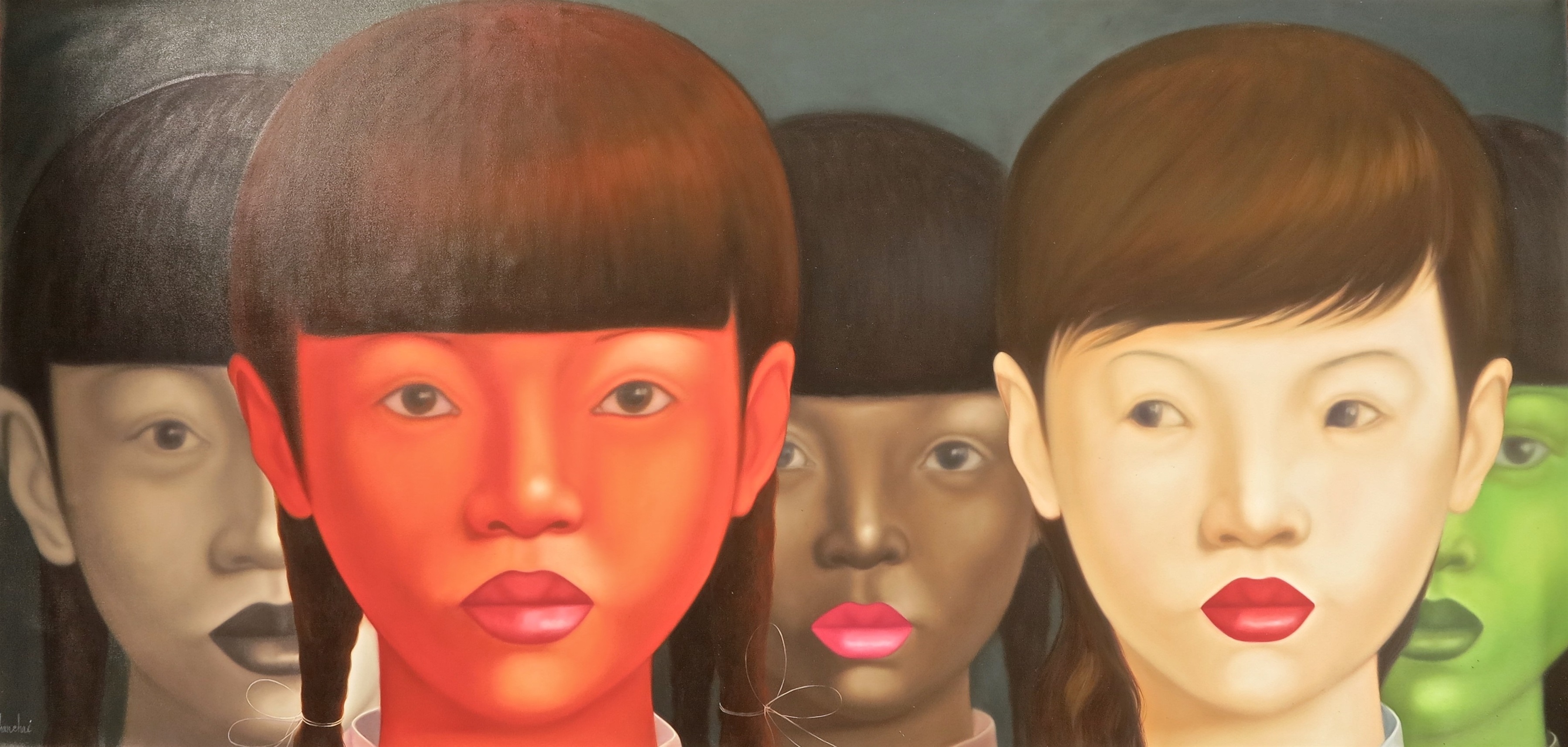 A painting of a group of people with different colored faces.