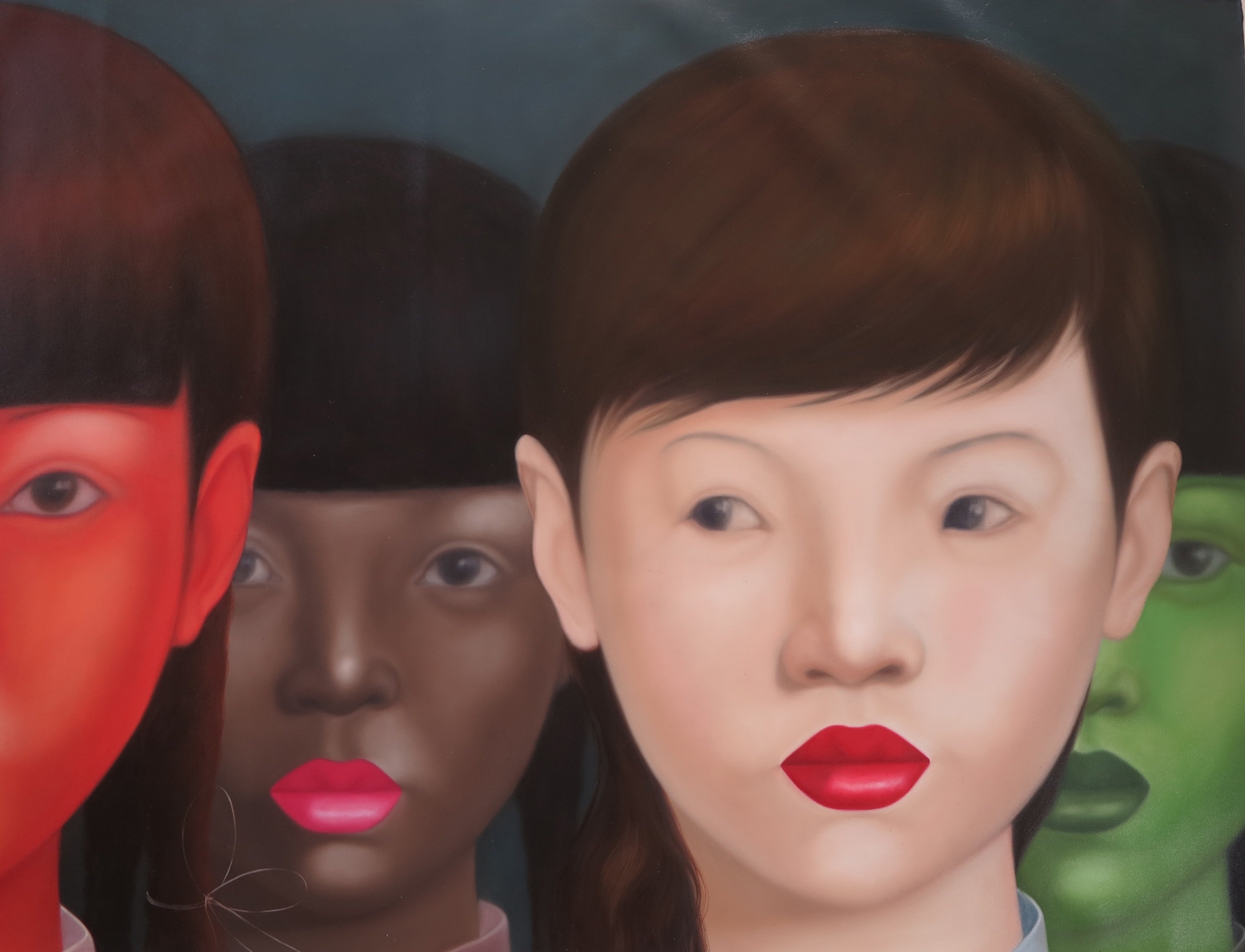 A painting of a group of people with different colored faces.