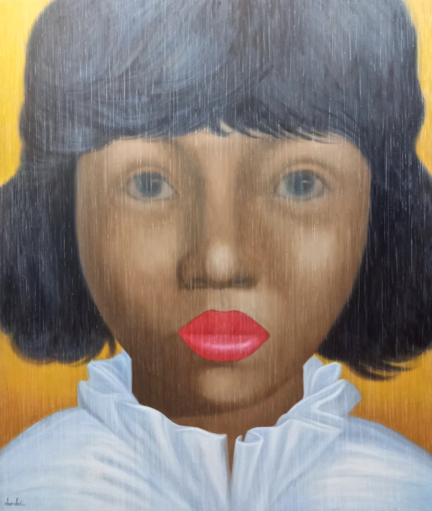 A painting of a woman with black hair and red lipstick.