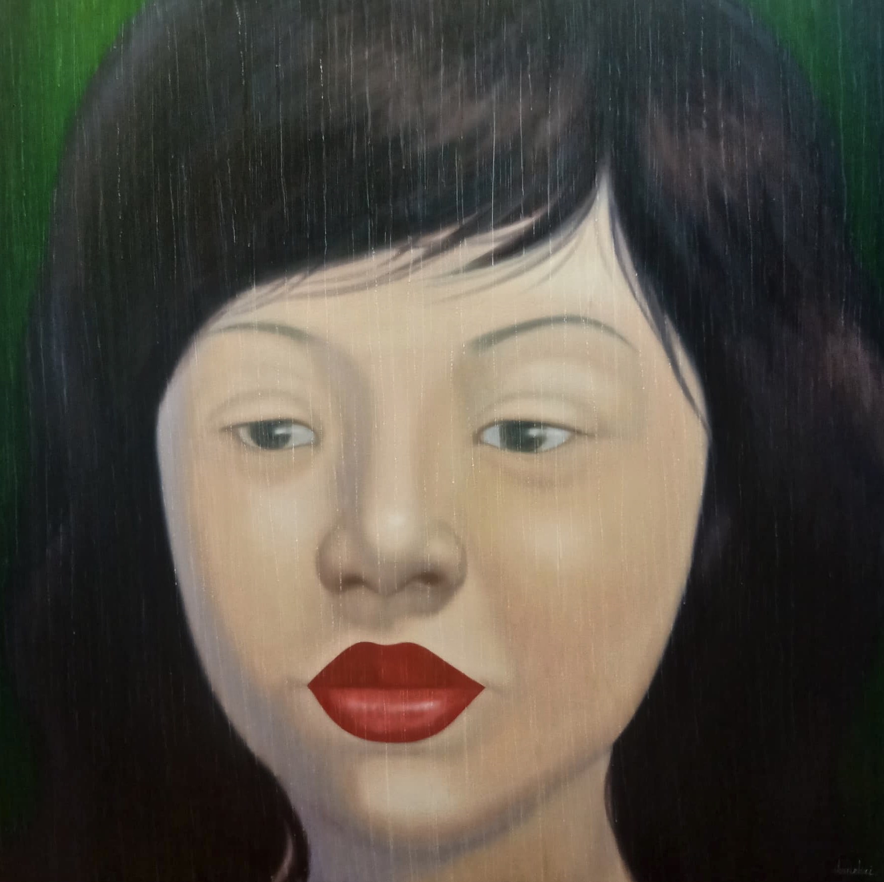 A painting of a woman with black hair and red lipstick.