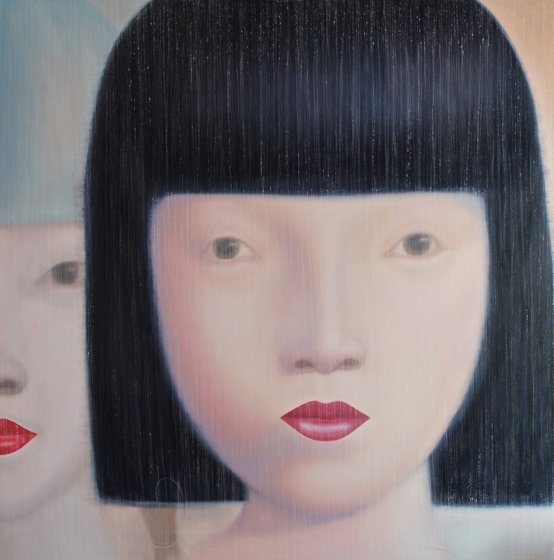 A painting of a woman with black hair and red lipstick.