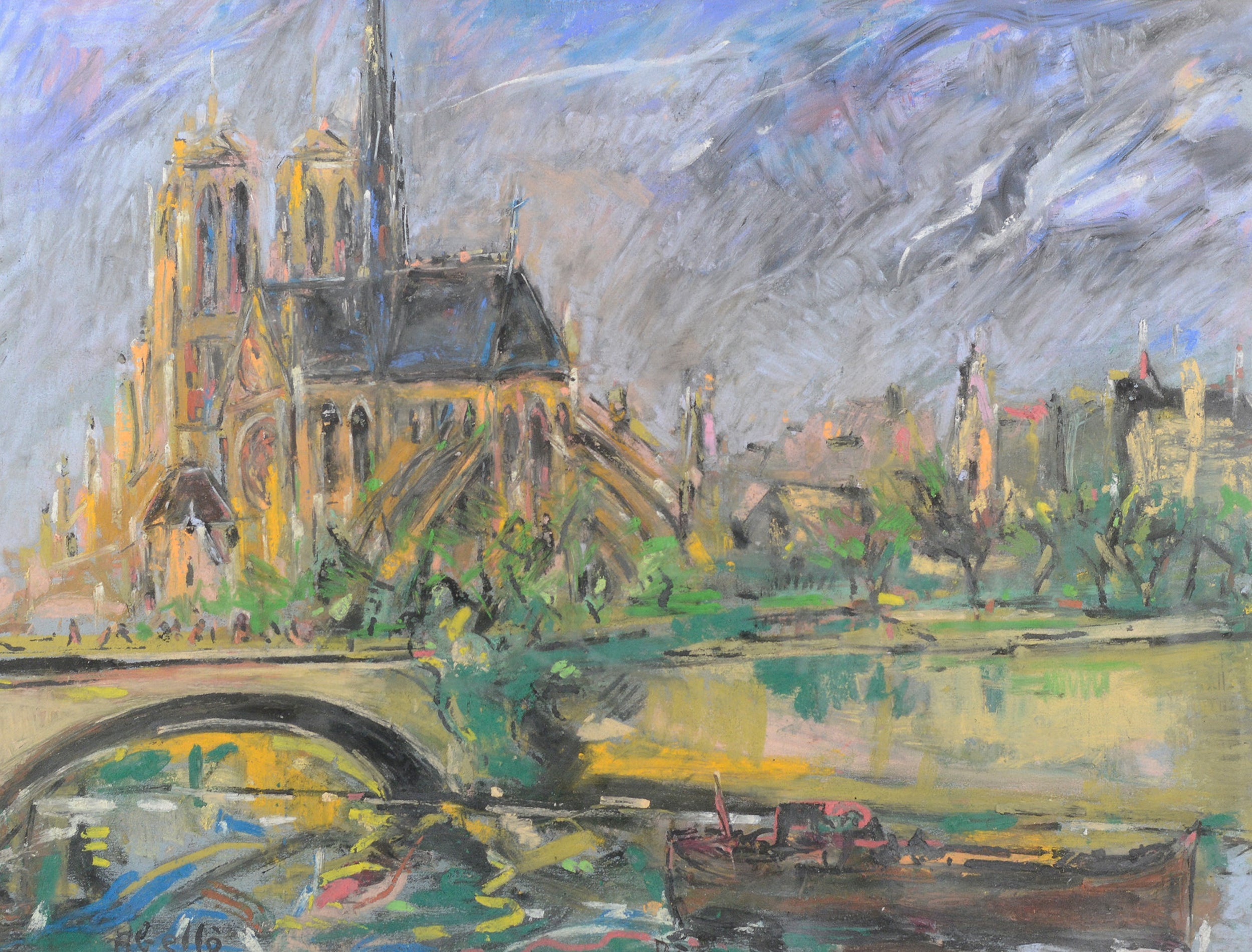 Artwork by Joan Abelló, Seine and Notre-Dame de Paris, Made of Pastel 