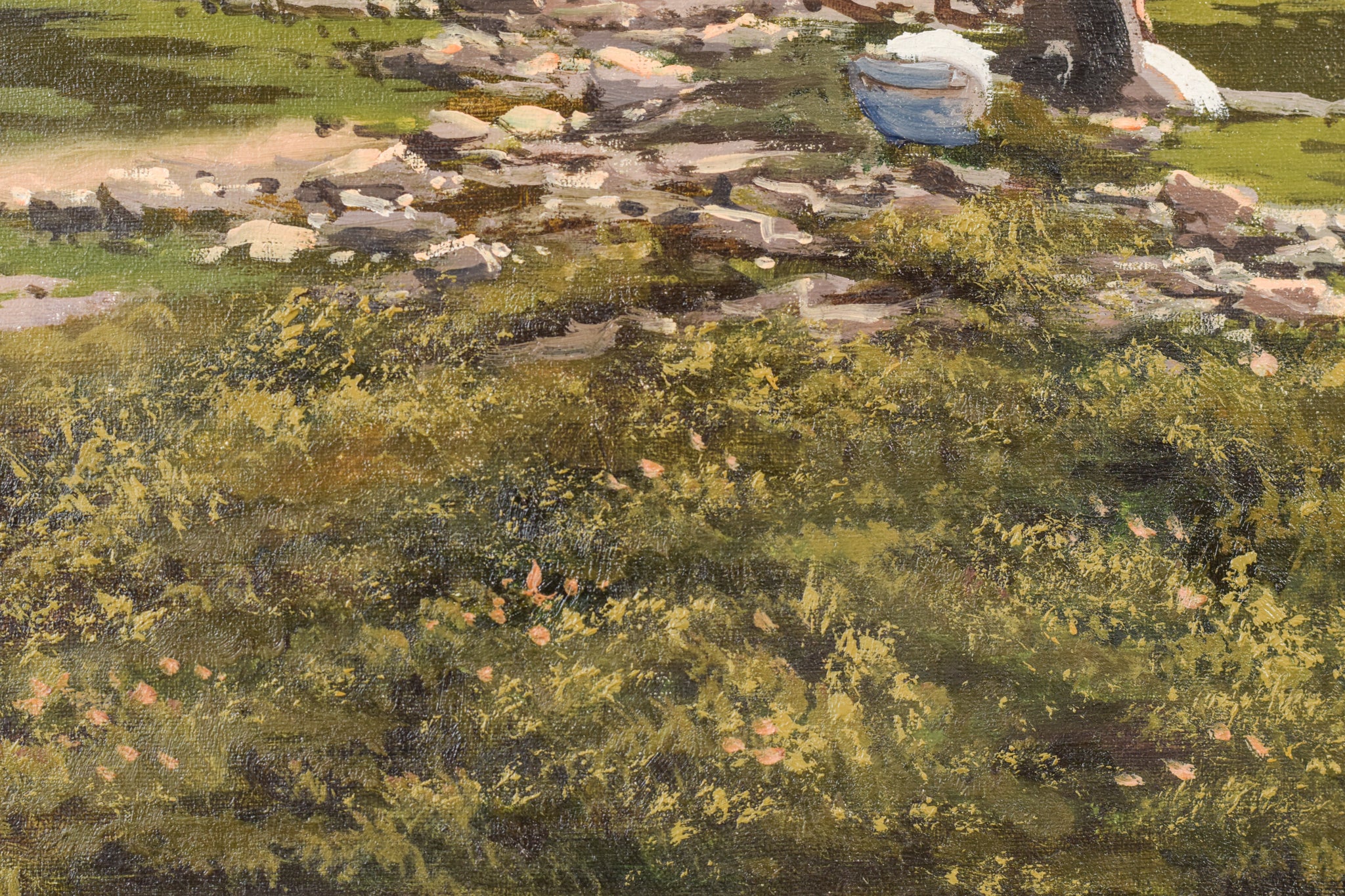 A painting of two people washing clothes in a river.