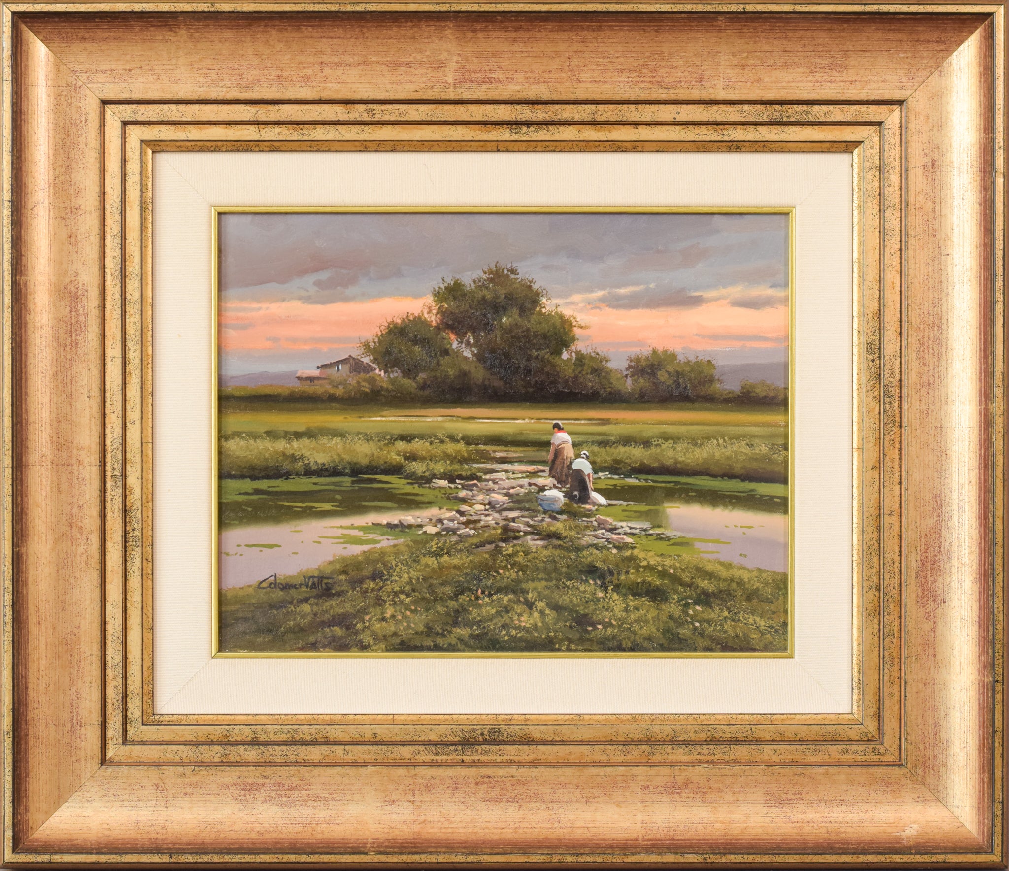 A painting of two people washing clothes in a river.