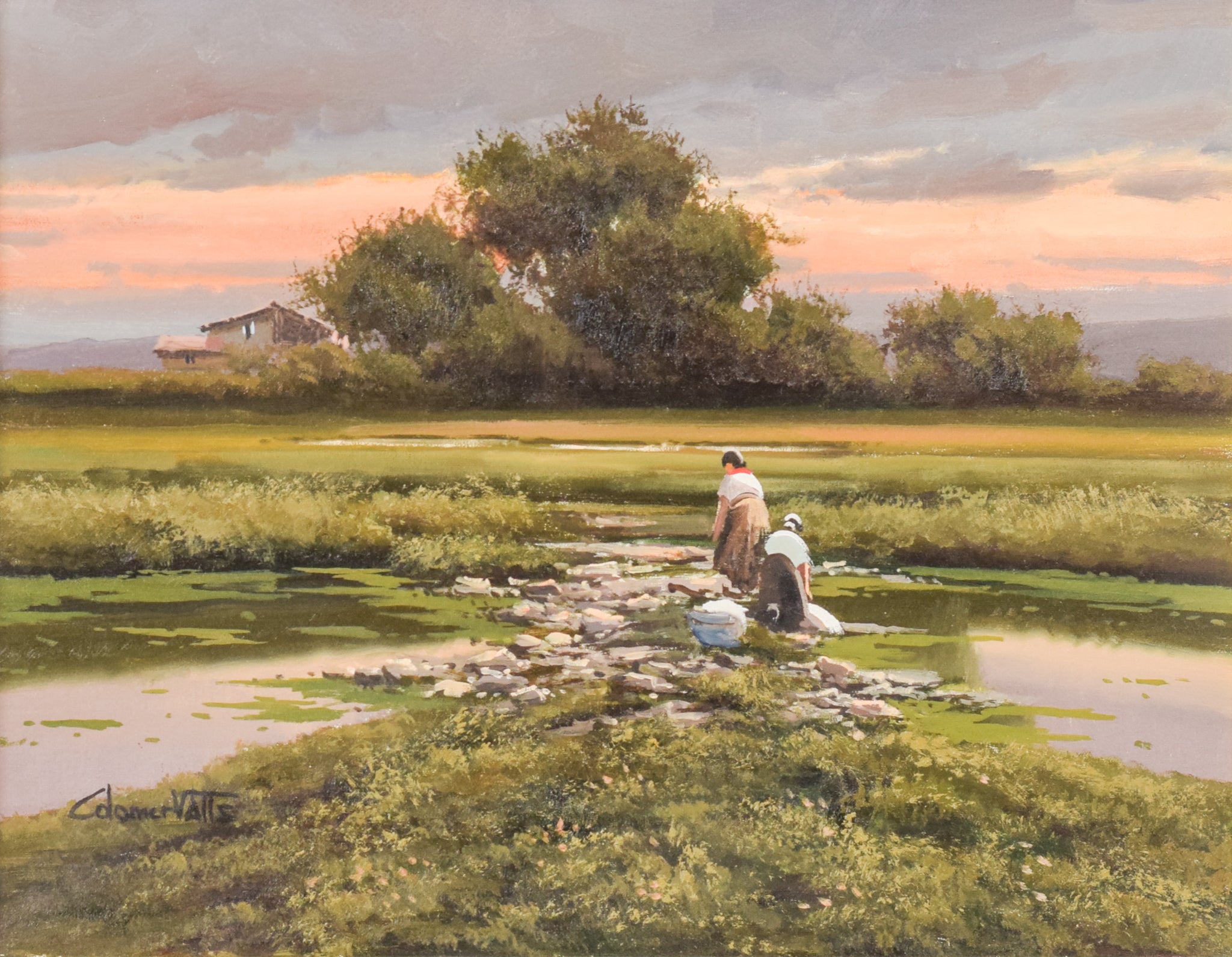 A painting of two people washing clothes in a river.