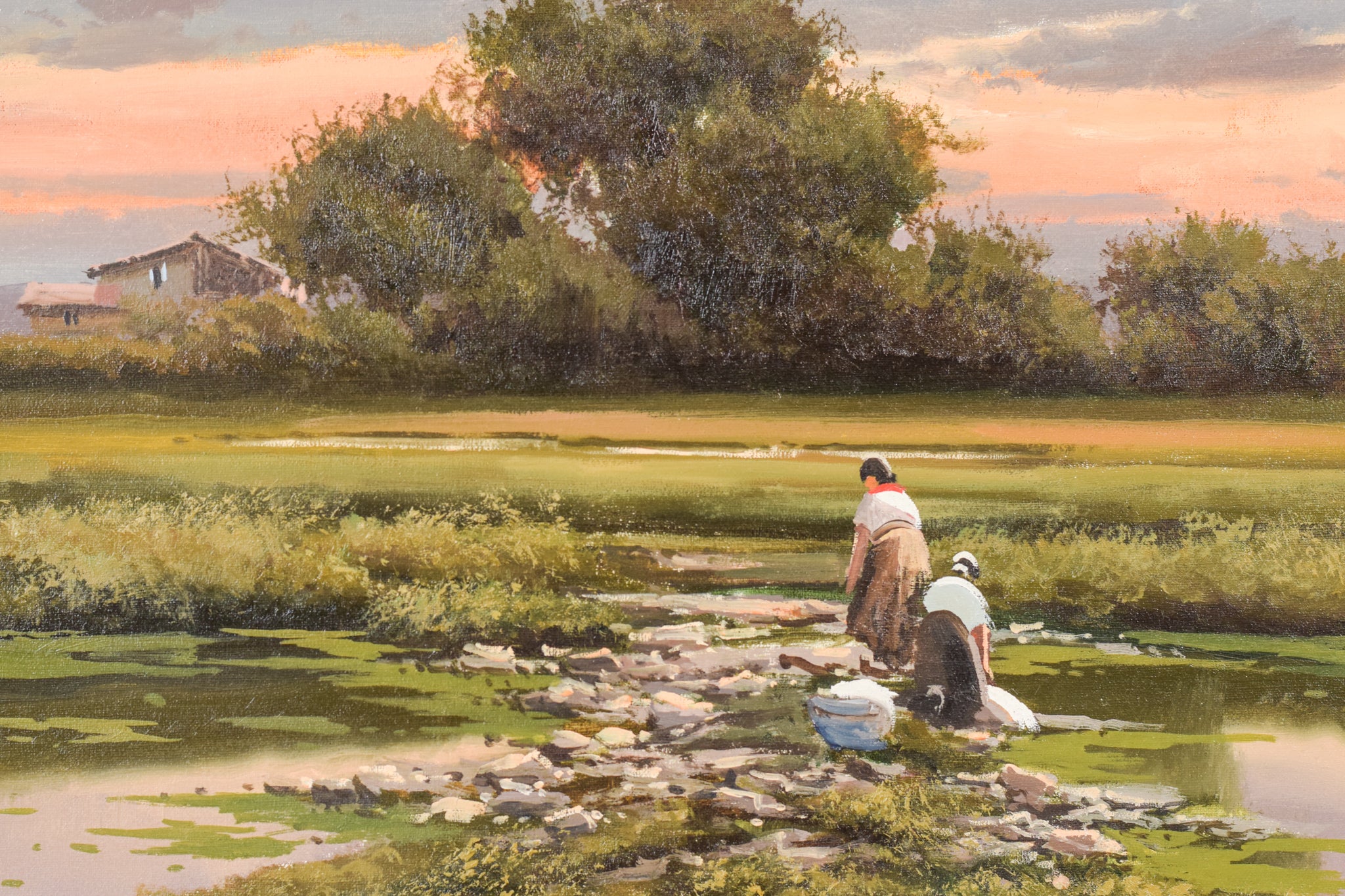 A painting of two people washing clothes in a river.