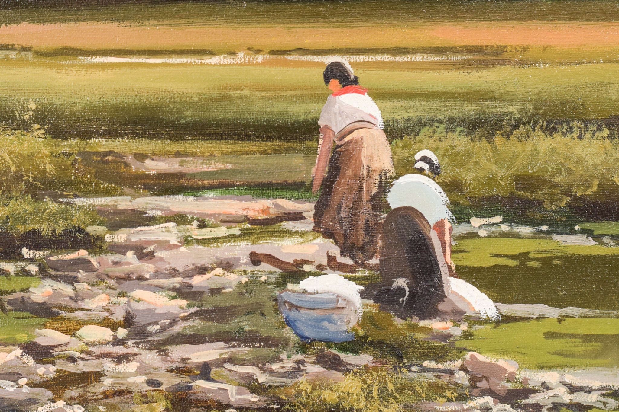 A painting of two people washing clothes in a river.