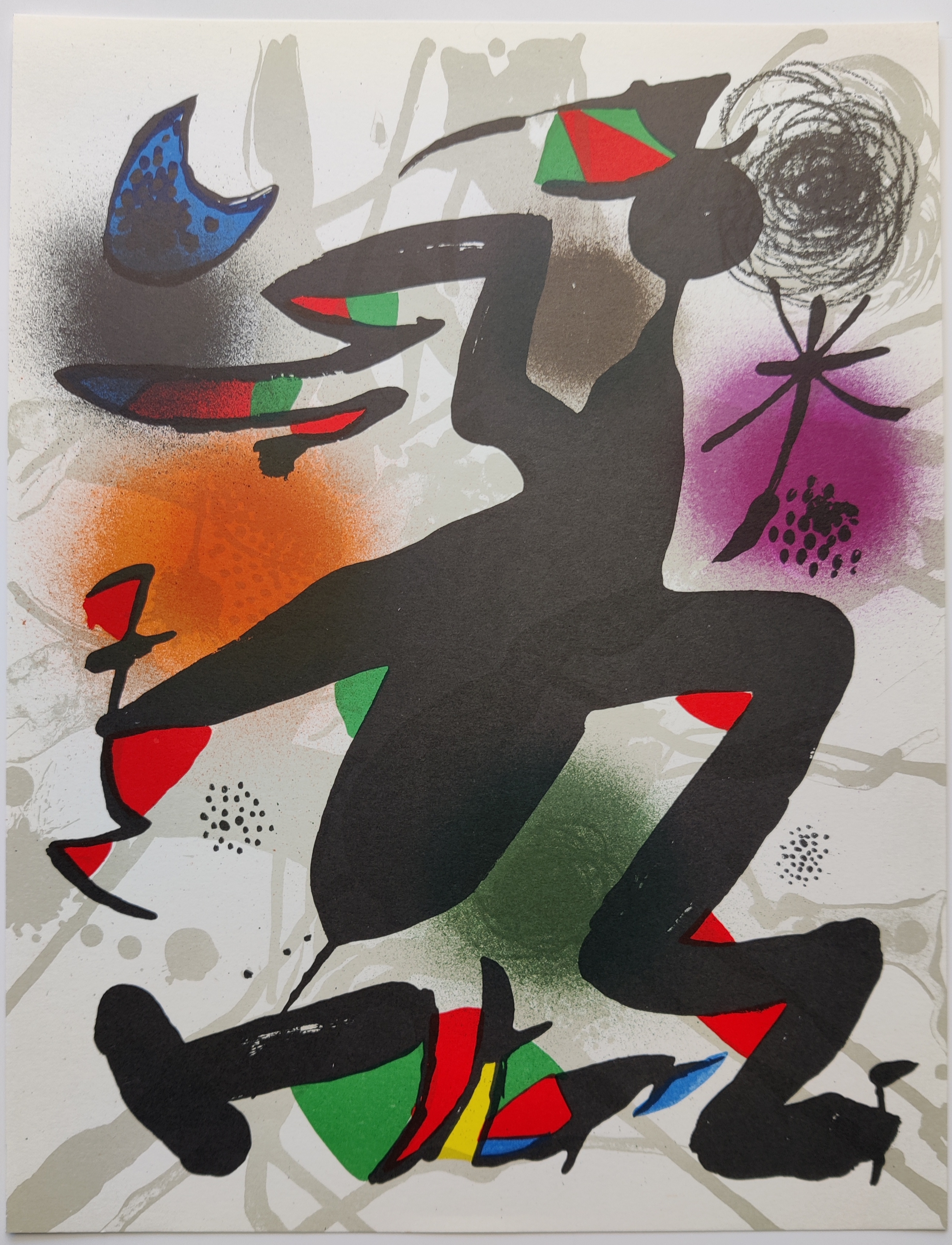 A dynamic abstract composition featuring a bold black figure surrounded by vibrant geometric shapes and splashes of color.