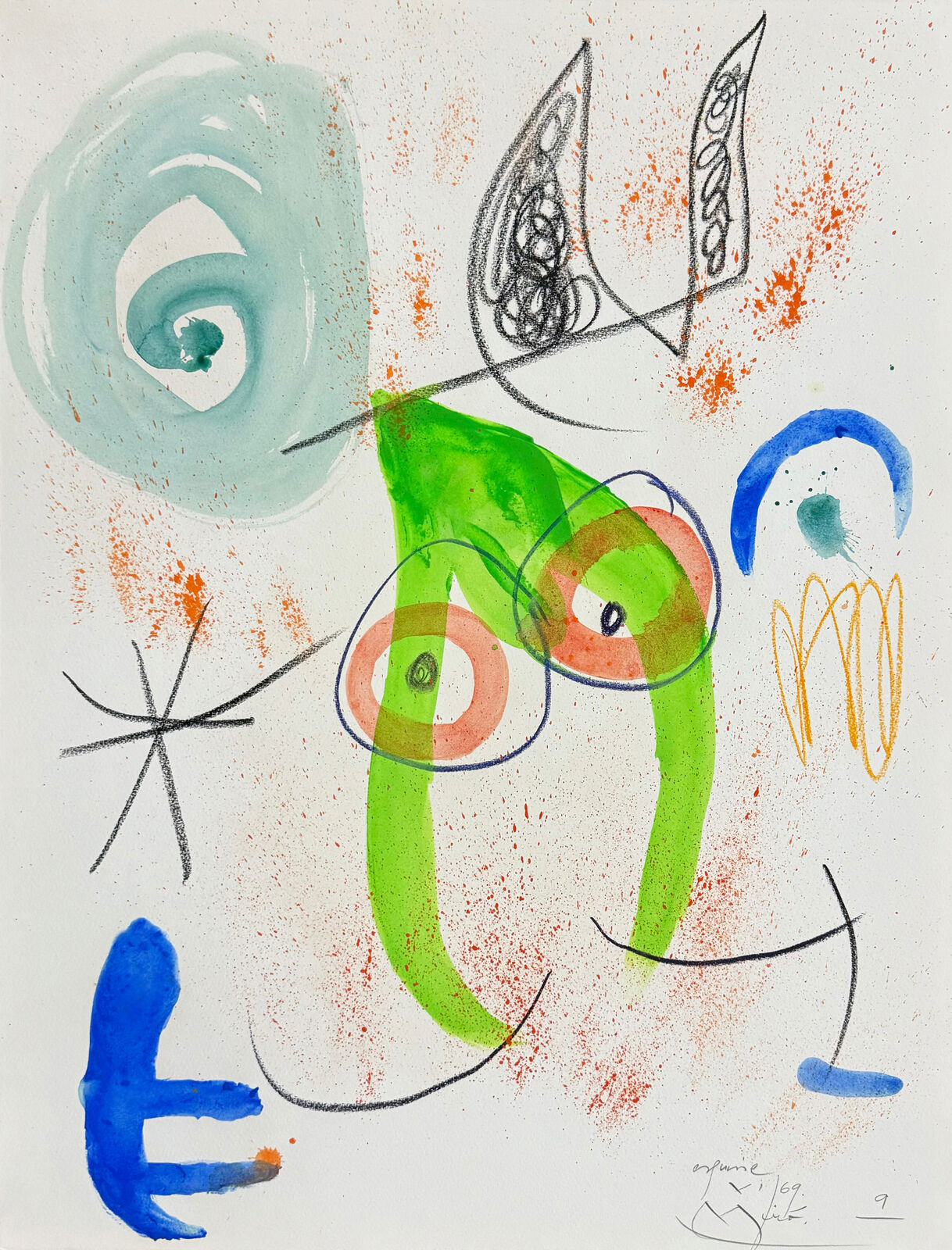 A painting of a green and blue abstract painting on a white background.