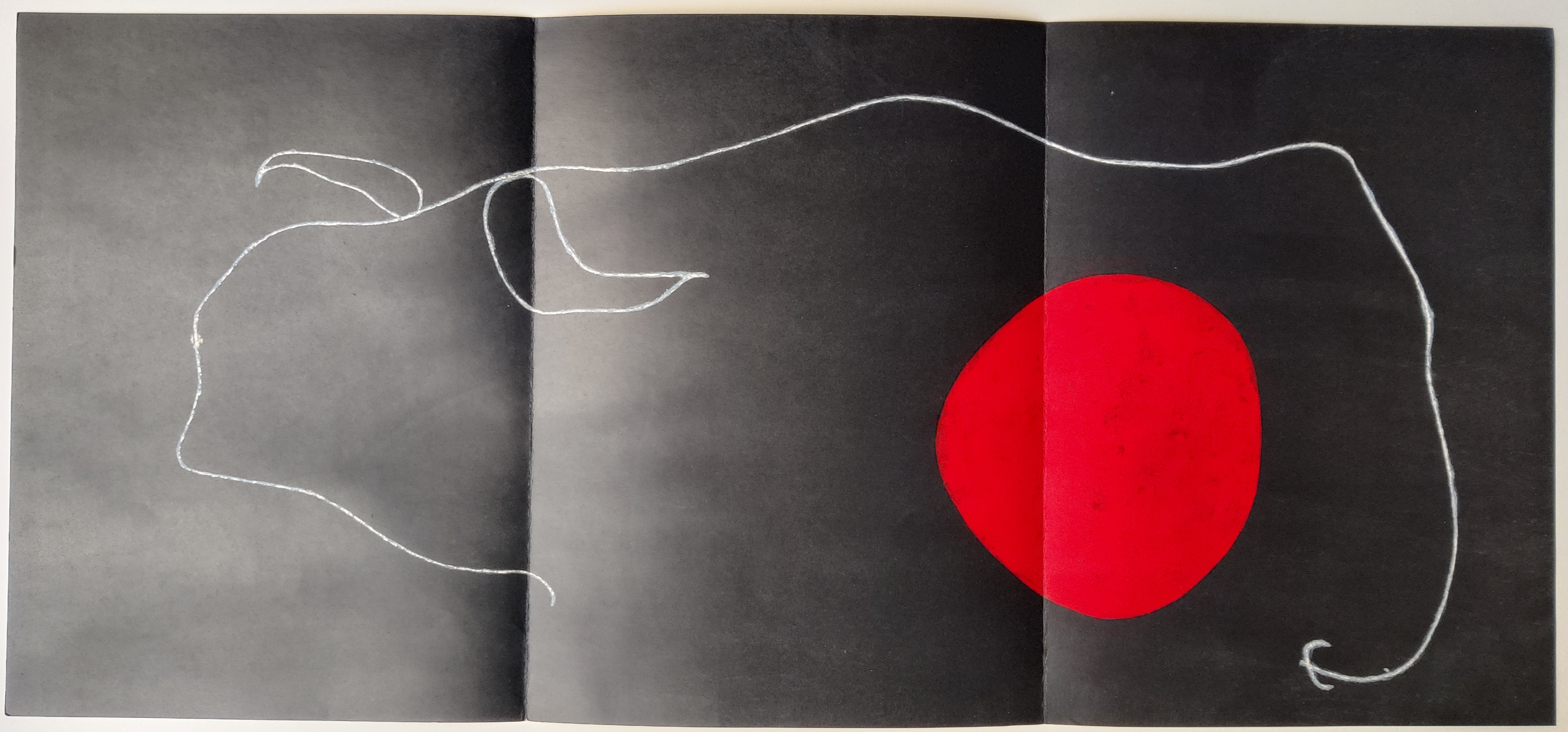 A minimalist line drawing of a figure with a red circle on a dark background.