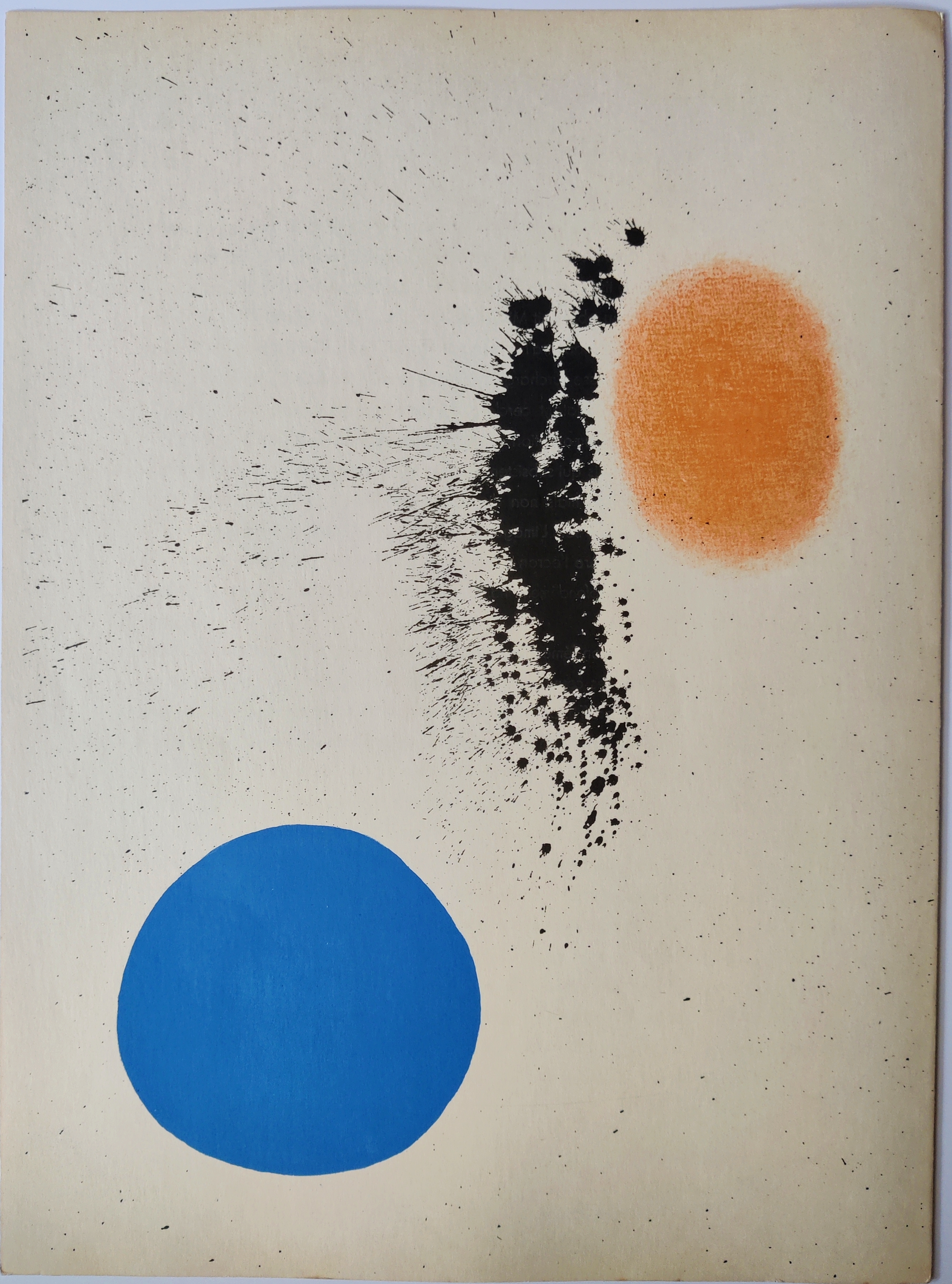 A blue and orange painting on a white wall.