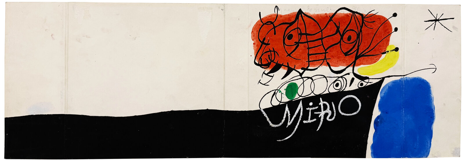 A surreal abstract composition featuring a red bull-like figure, a blue shape, and a black ground against an off-white background.