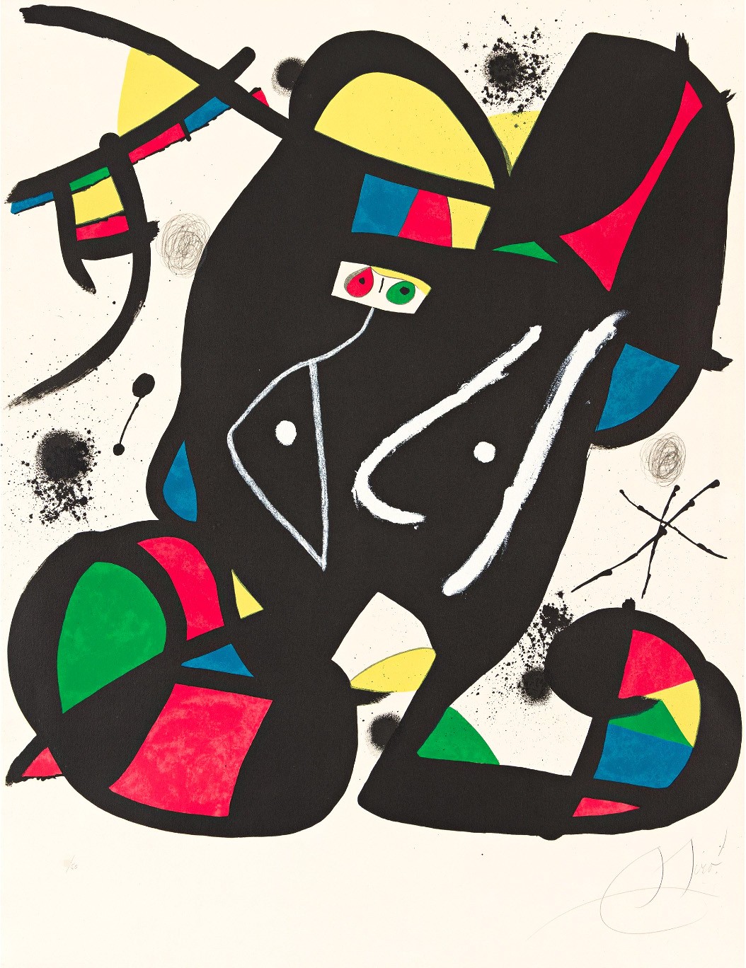 A vibrant abstract composition featuring a large black figure with colorful geometric shapes and expressive white lines.