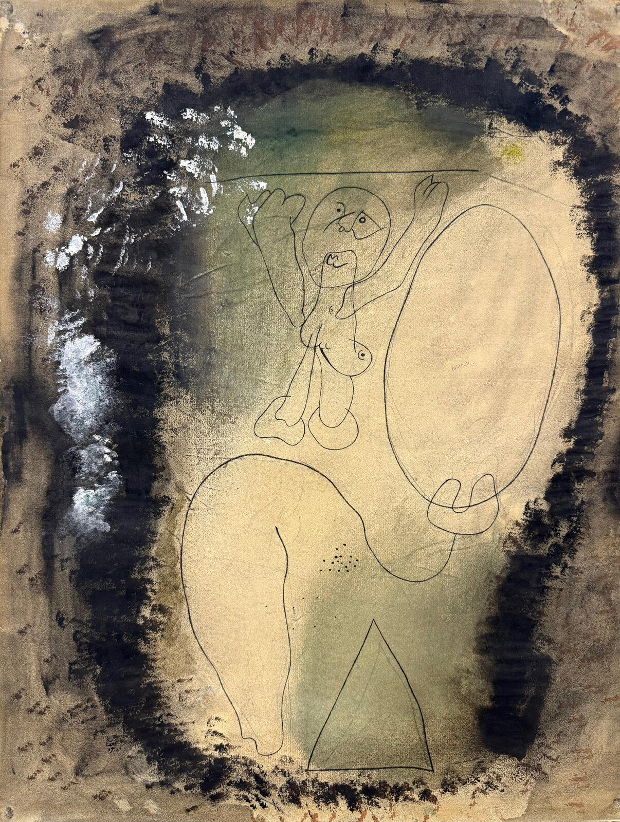 A surreal, abstract drawing of a figure holding a large oval shape against a textured, earthy background.