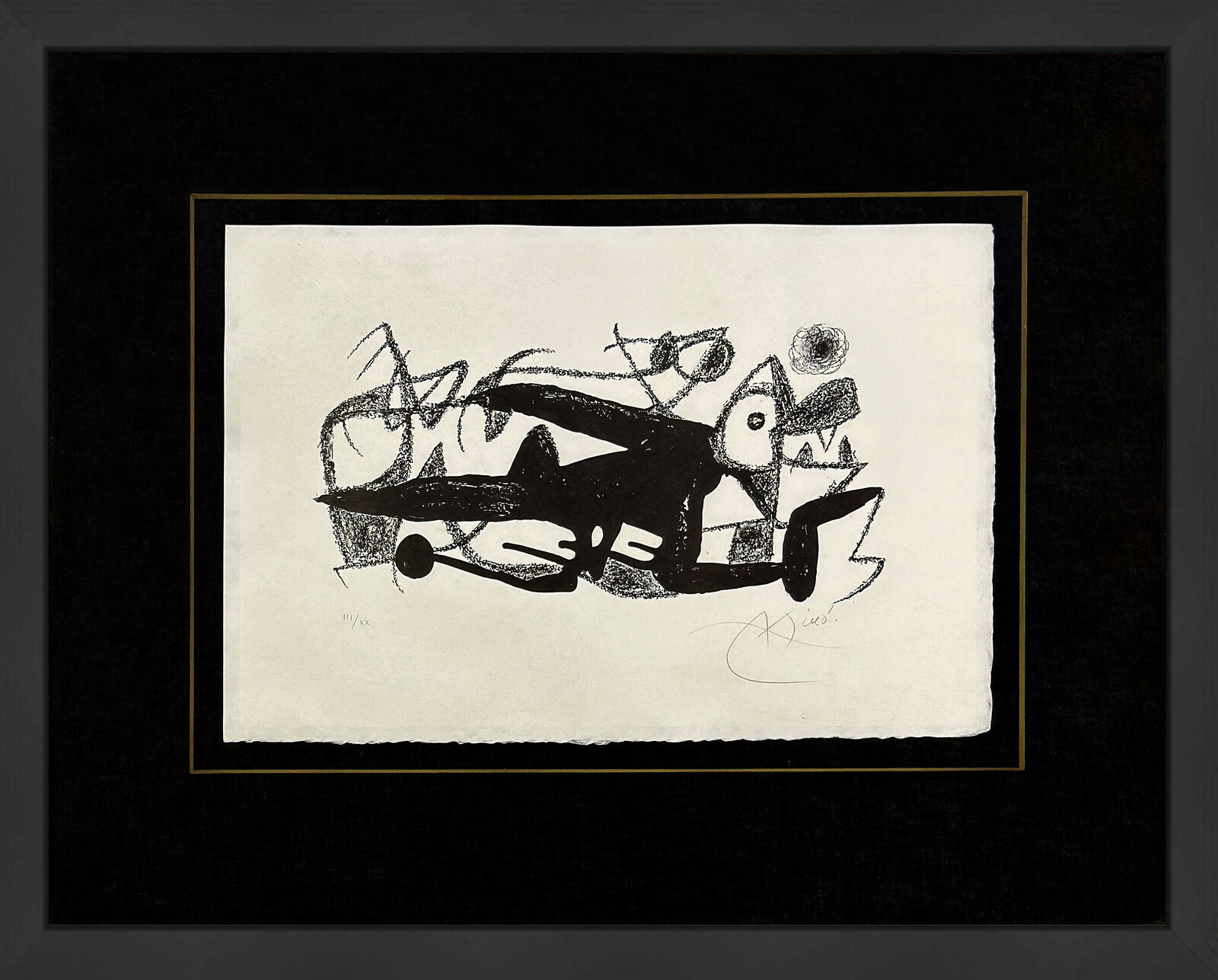 A black-and-white abstract composition featuring a stylized figure with sharp geometric forms and expressive lines.