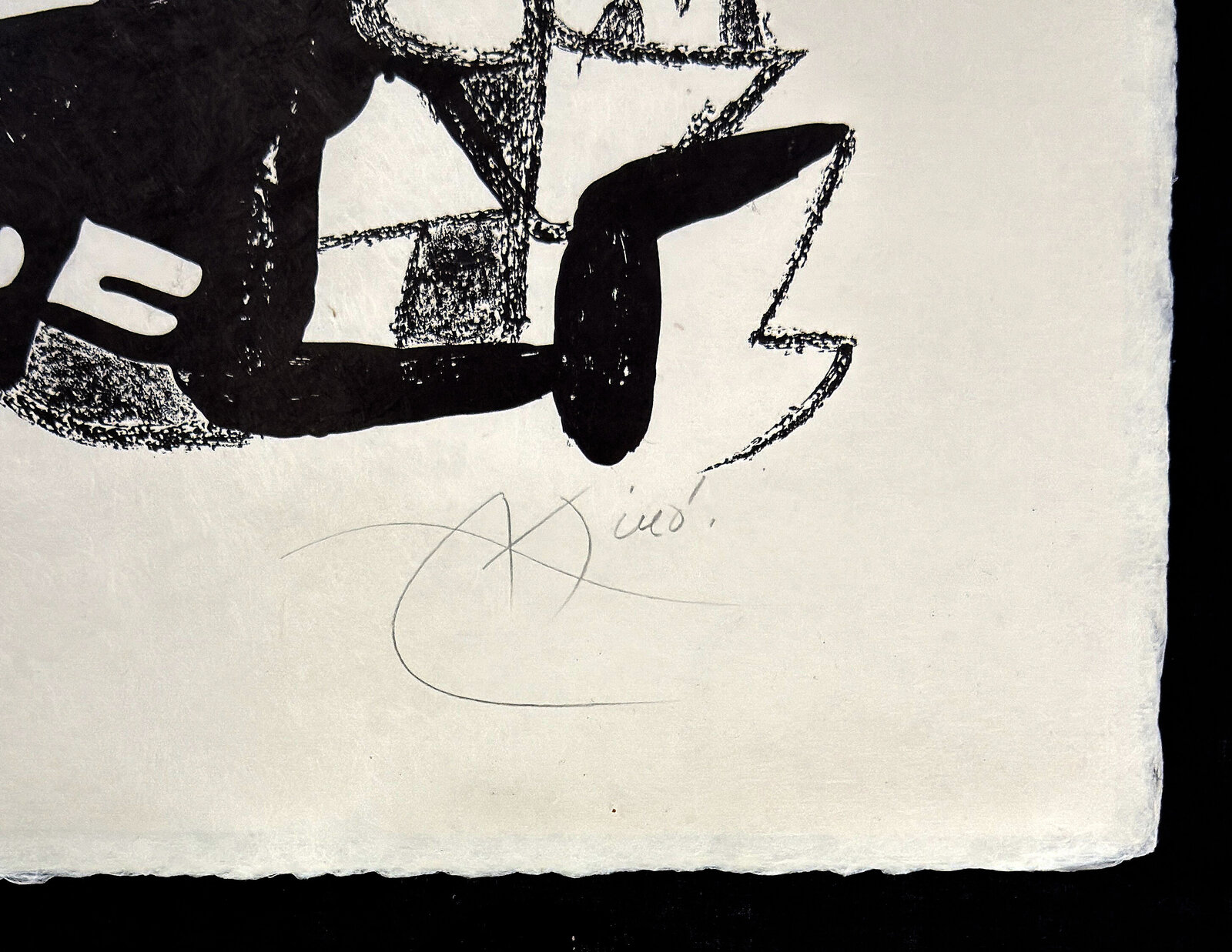 A black-and-white abstract composition featuring a stylized figure with sharp geometric forms and expressive lines.