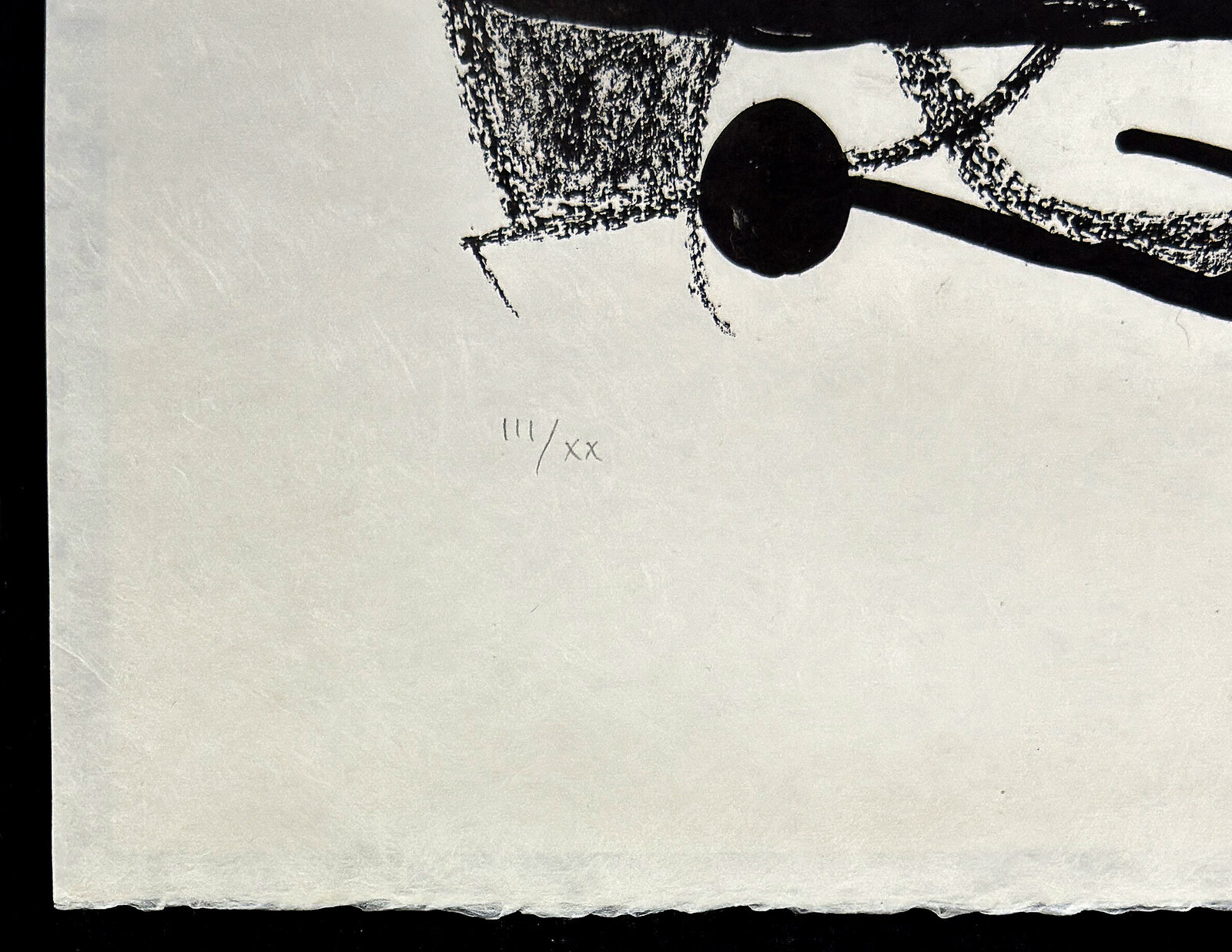 A black-and-white abstract composition featuring a stylized figure with sharp geometric forms and expressive lines.