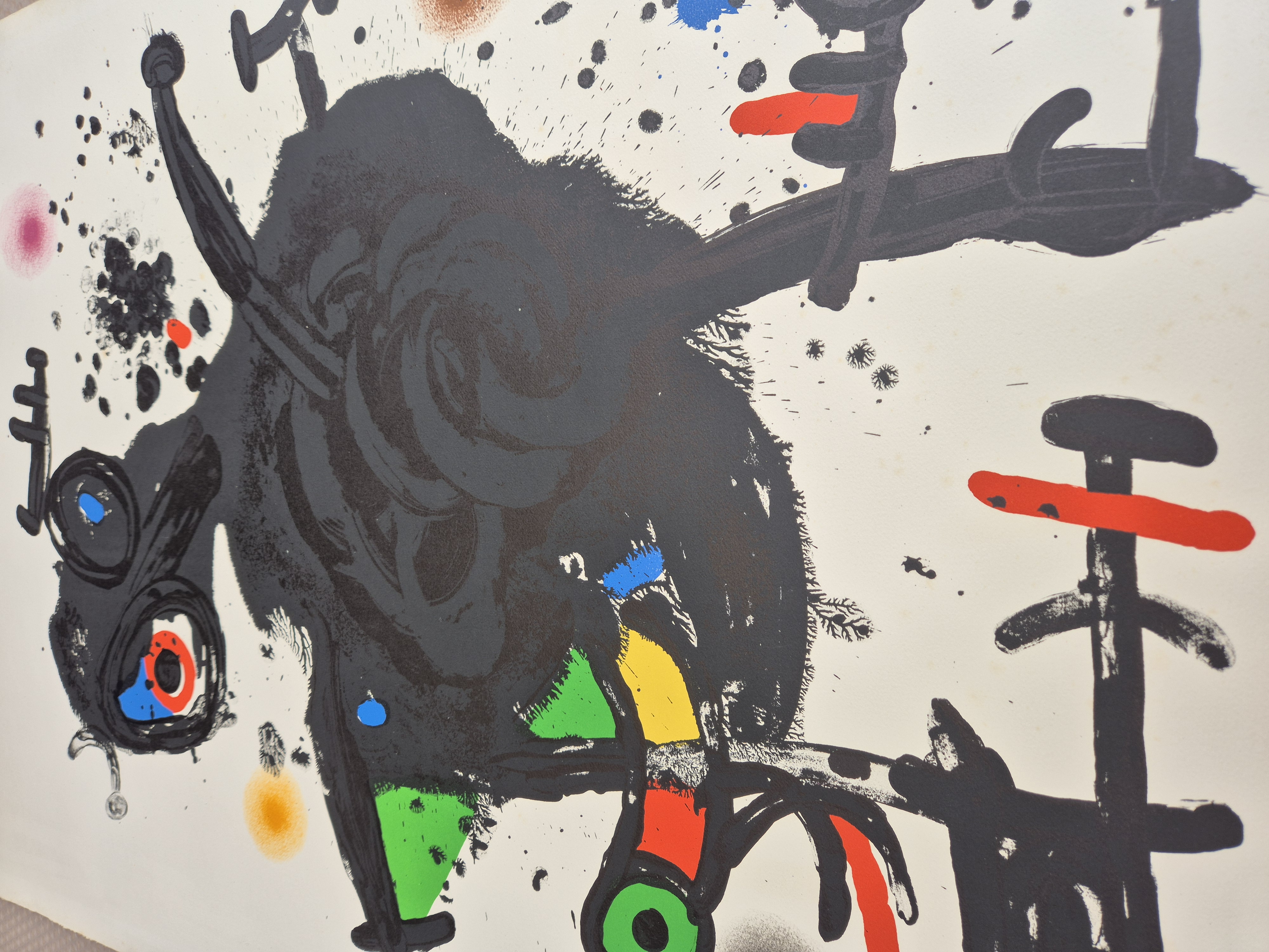 A bold abstract composition featuring a large black organic shape with colorful geometric accents and splattered details.