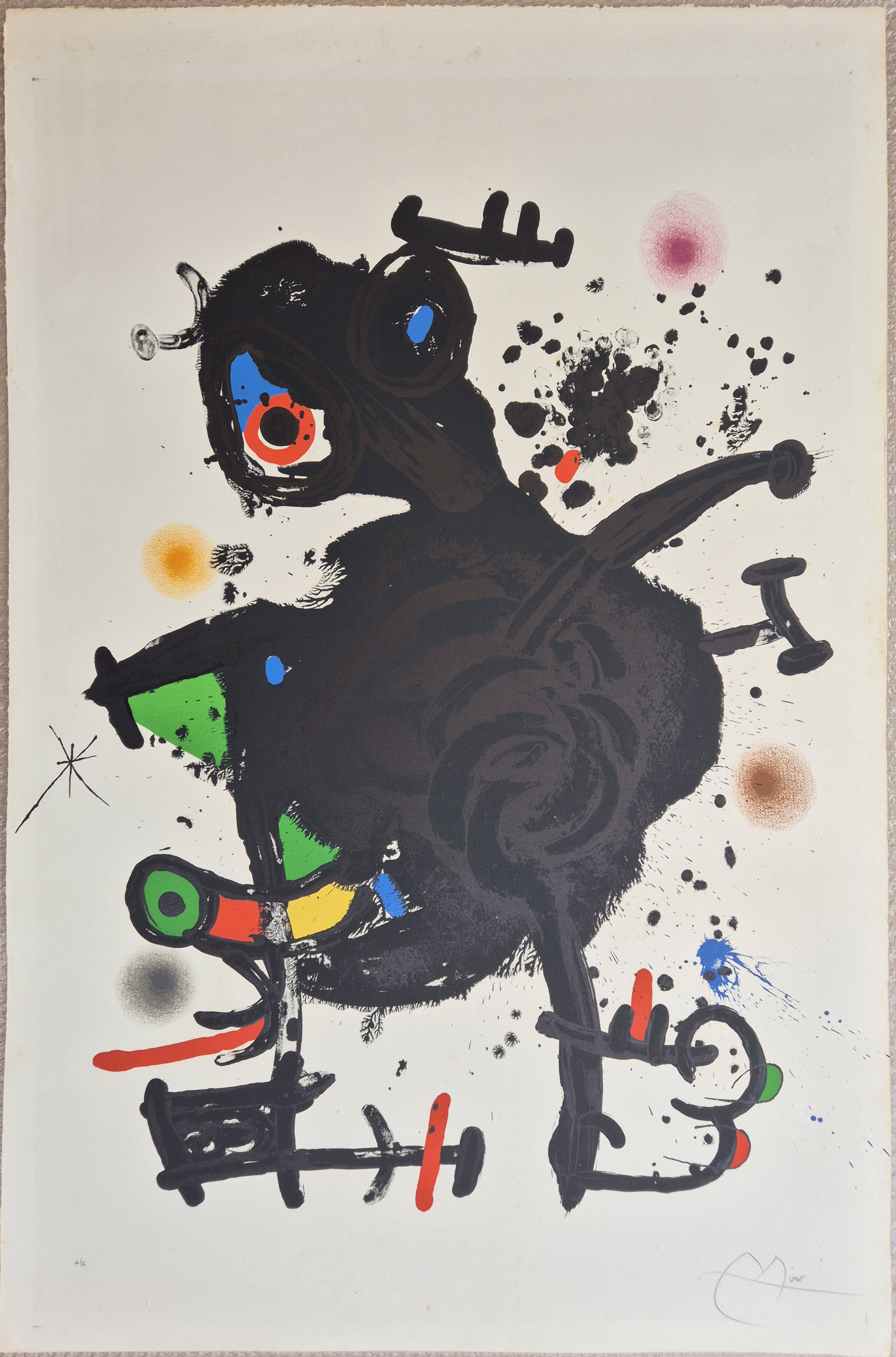 A bold abstract composition featuring a large black organic shape with colorful geometric accents and splattered details.