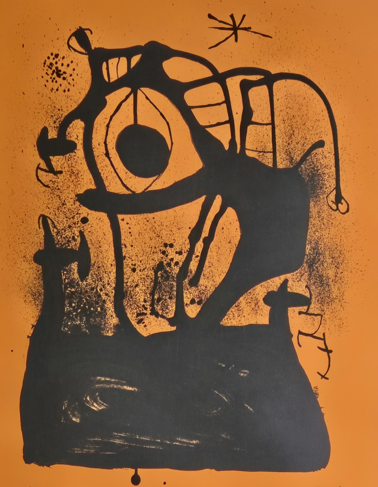 A bold black ink print on orange paper featuring a surreal, abstract figure with an eye motif.