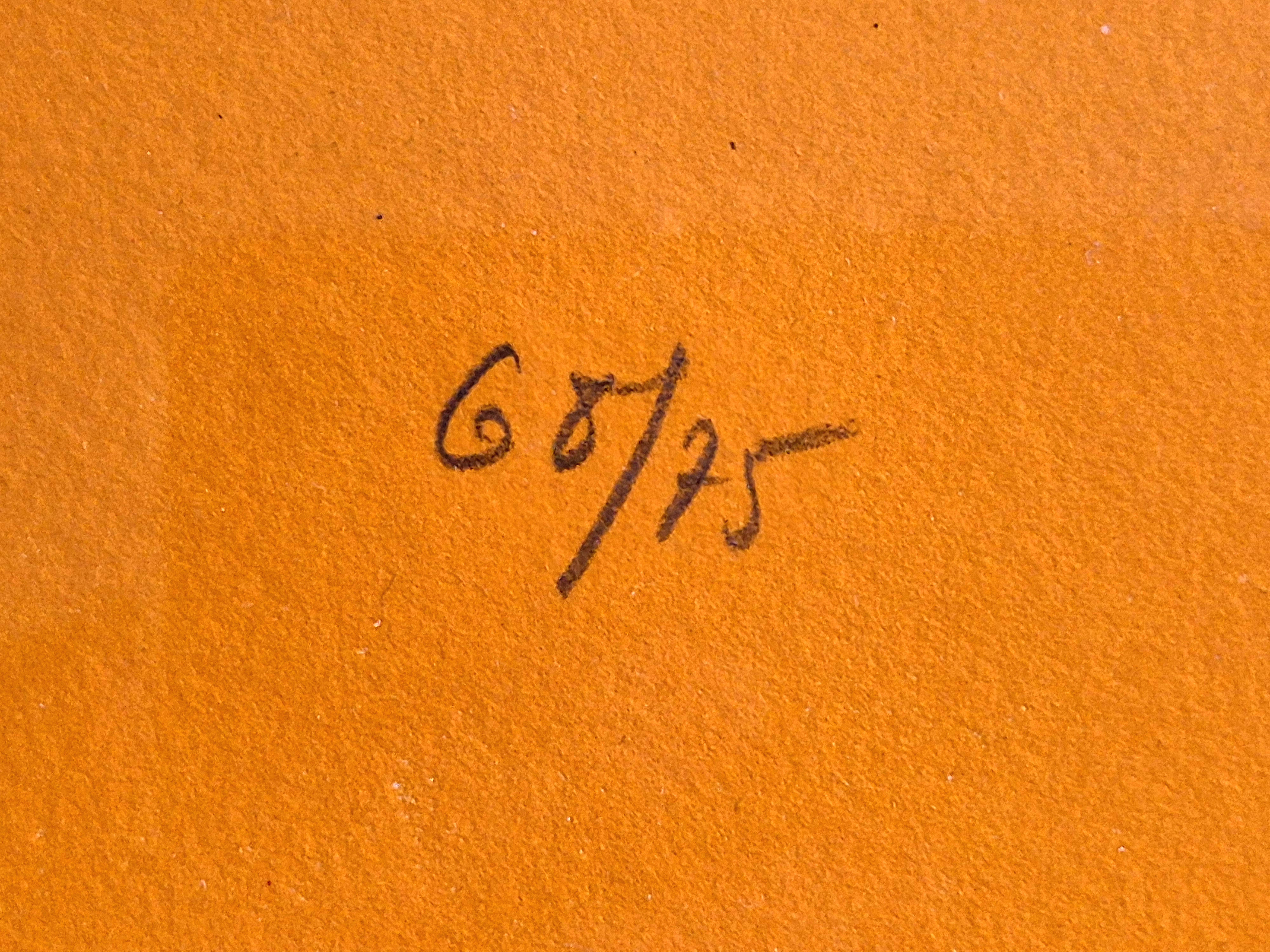 A bold black ink print on orange paper featuring a surreal, abstract figure with an eye motif.