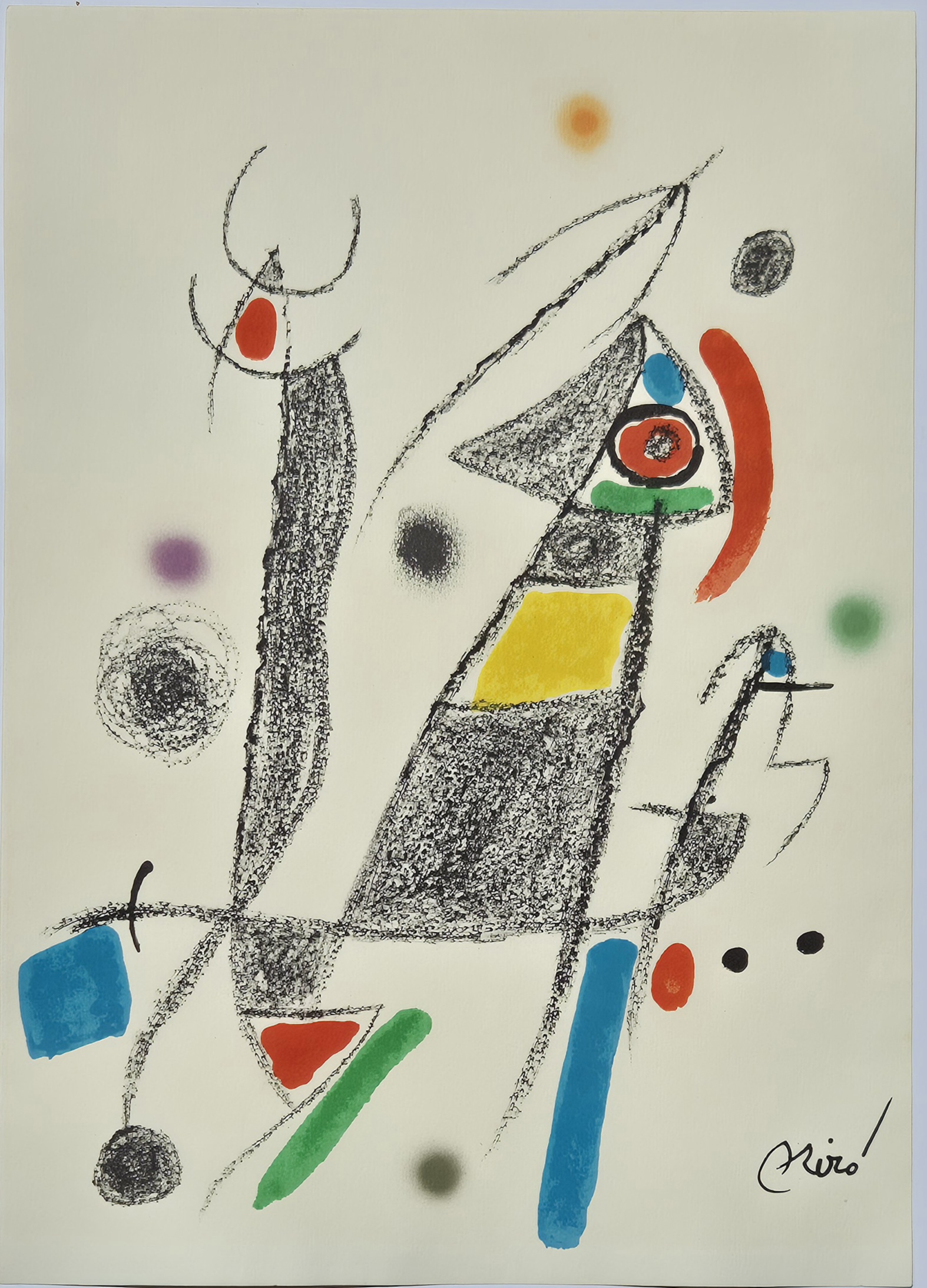 A dynamic abstract composition featuring a central figure with geometric shapes and expressive lines.