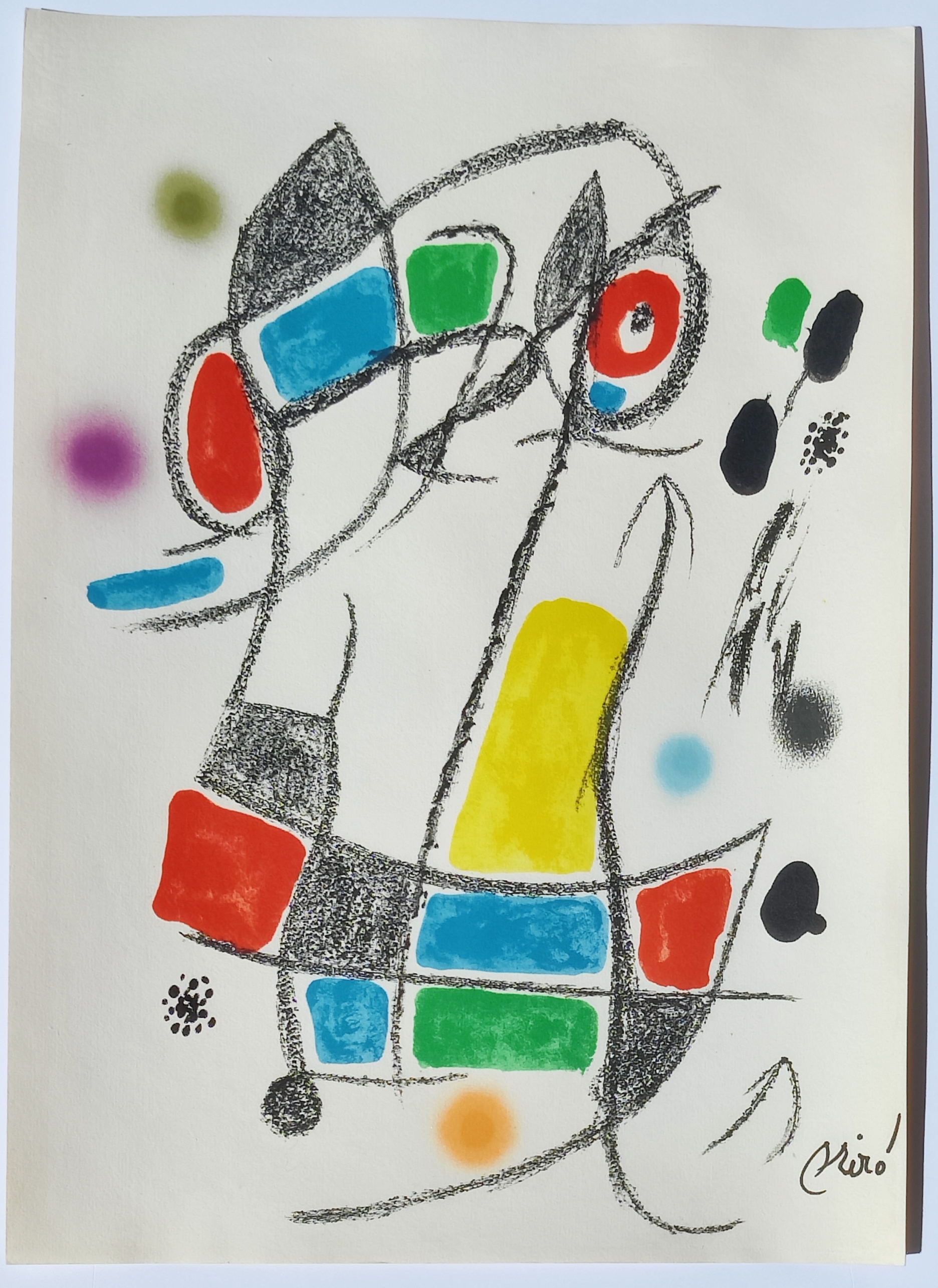 A vibrant abstract composition featuring a stylized figure with bold geometric shapes and expressive lines.
