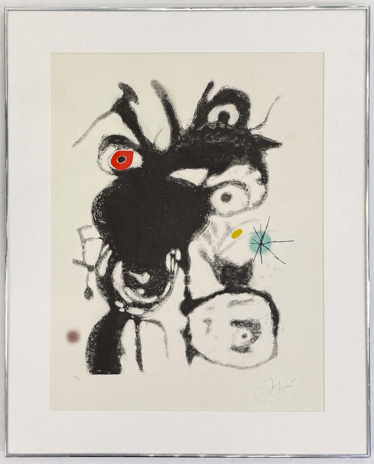 A surreal, abstract portrait featuring a dark, spiky figure with striking red eyes and scattered colorful marks.
