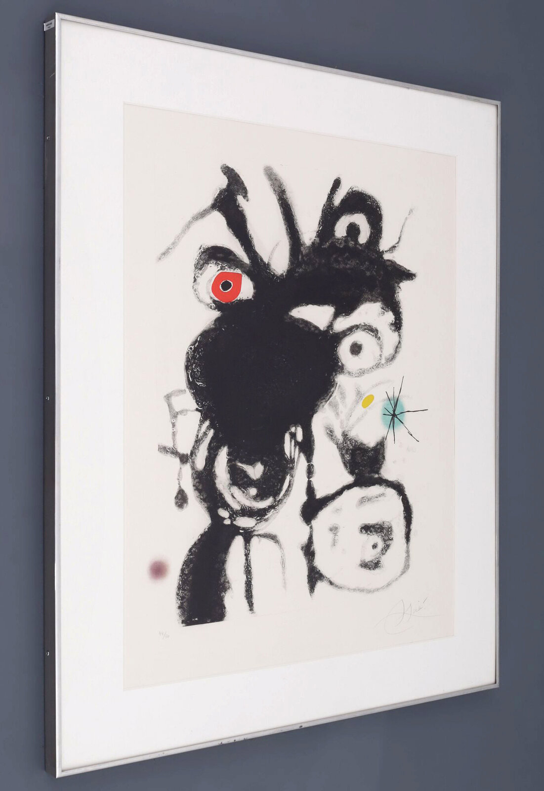 A surreal, abstract portrait featuring a dark, spiky figure with striking red eyes and scattered colorful marks.