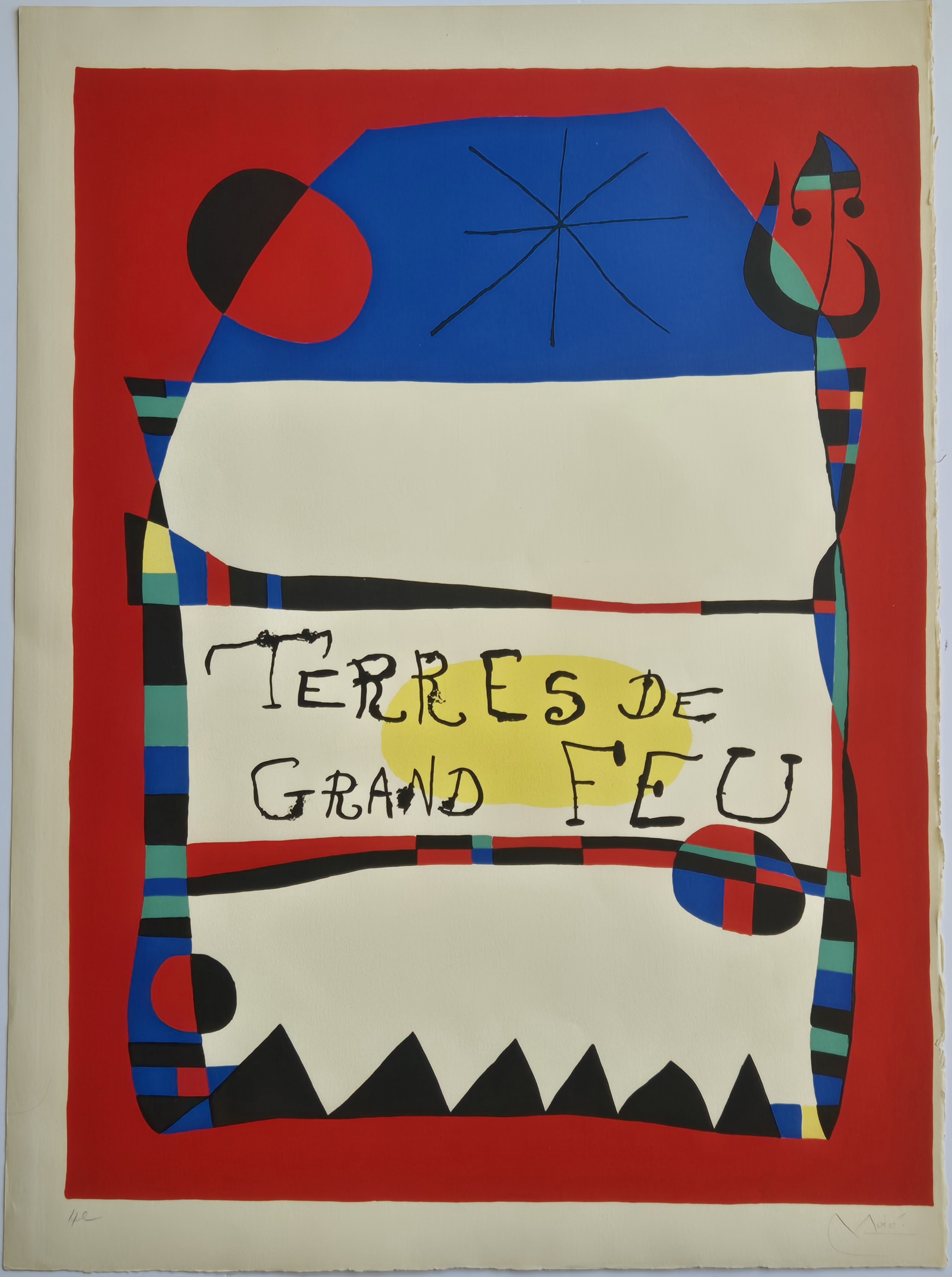 A bold geometric poster featuring a stylized bottle with abstract shapes and French text.