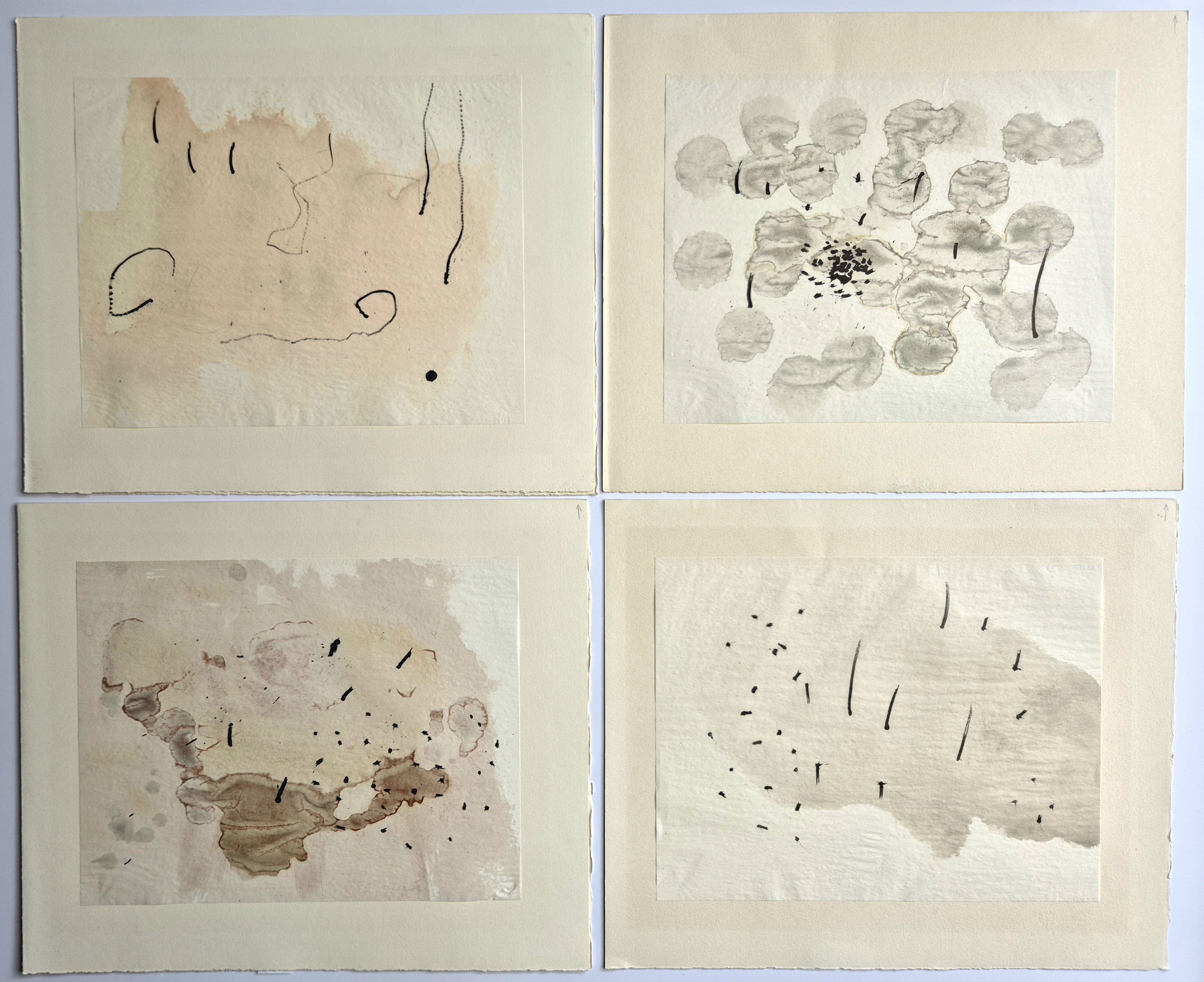 A series of six watercolor paintings on a white background.