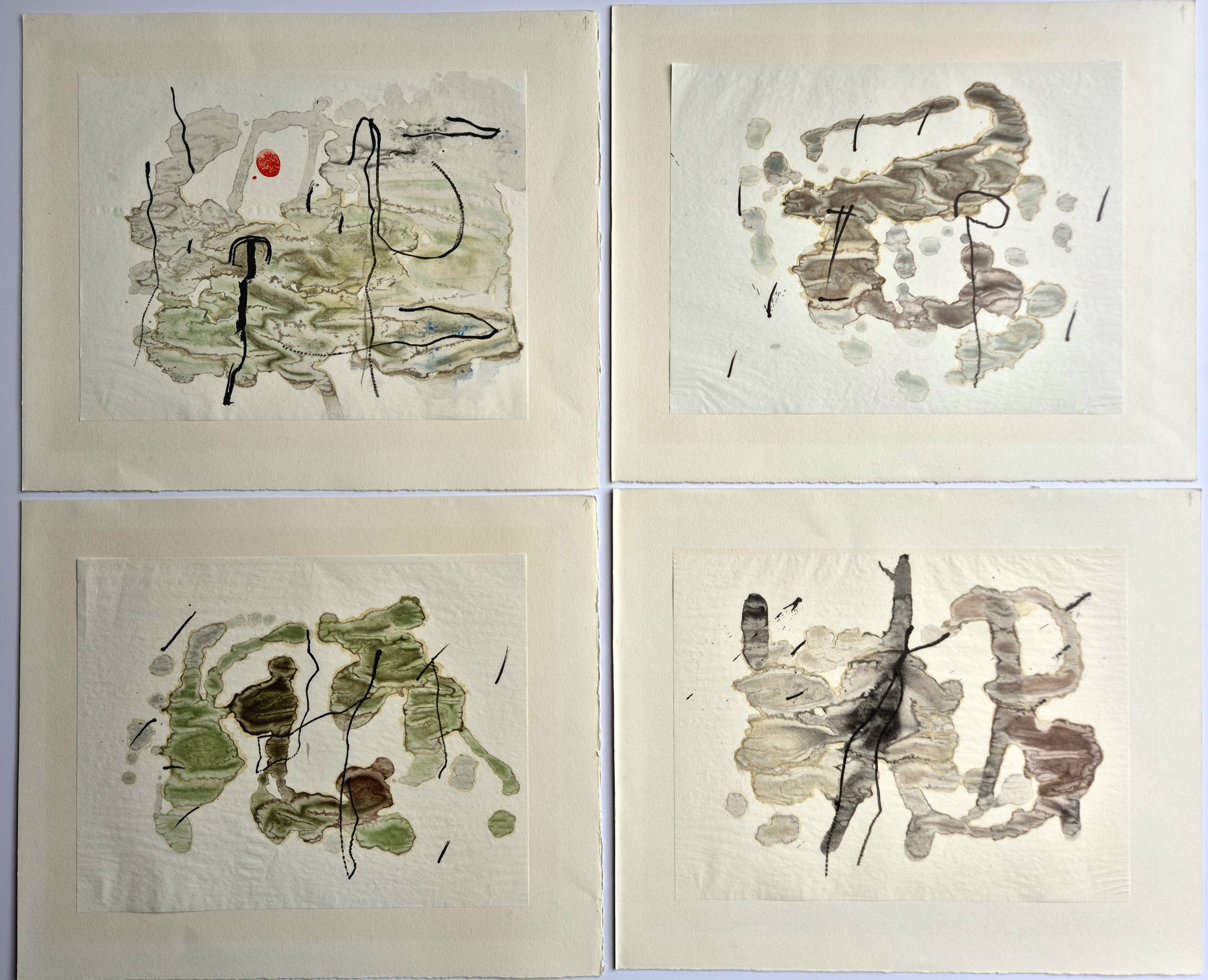 A series of six watercolor paintings on a white background.