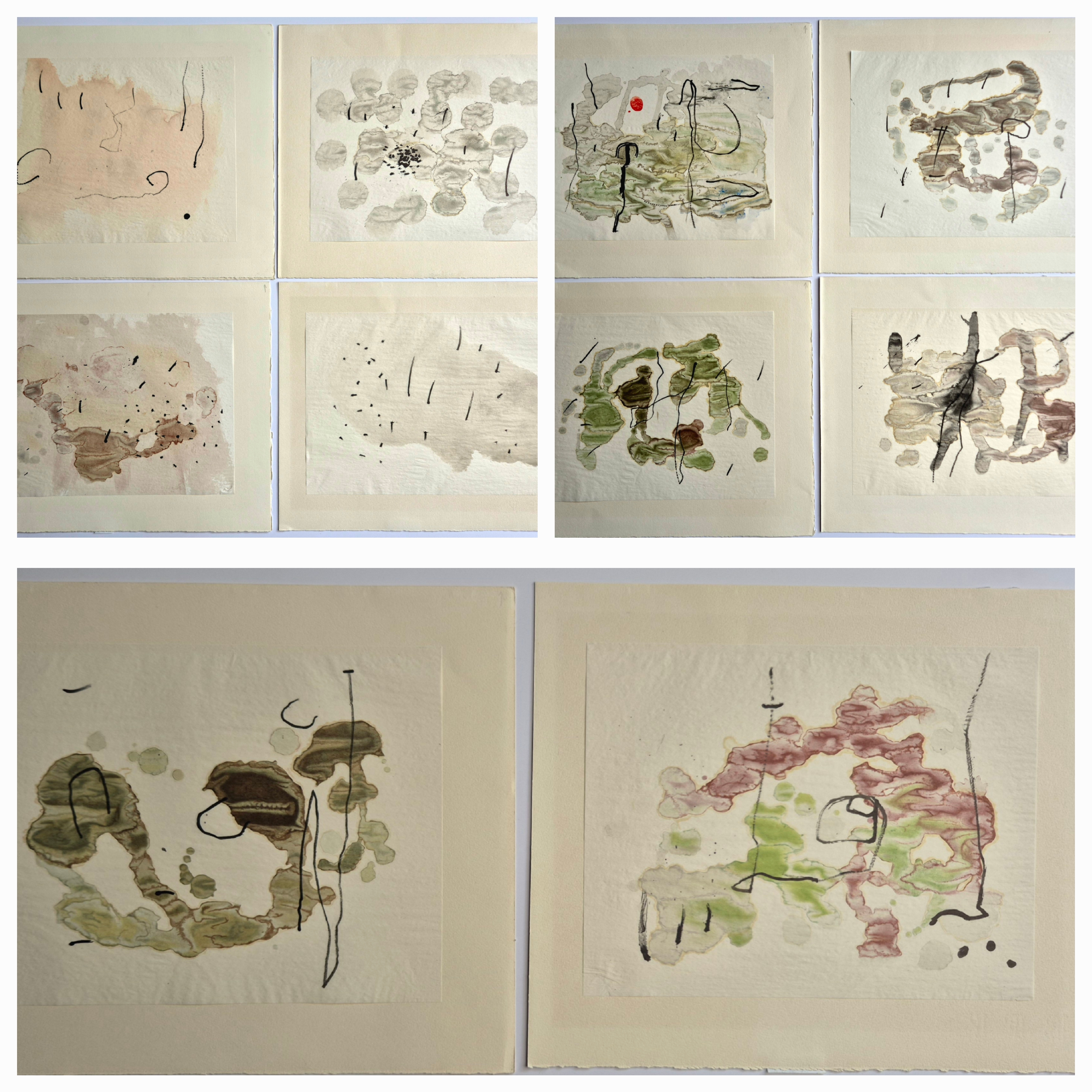 A series of six watercolor paintings on a white background.