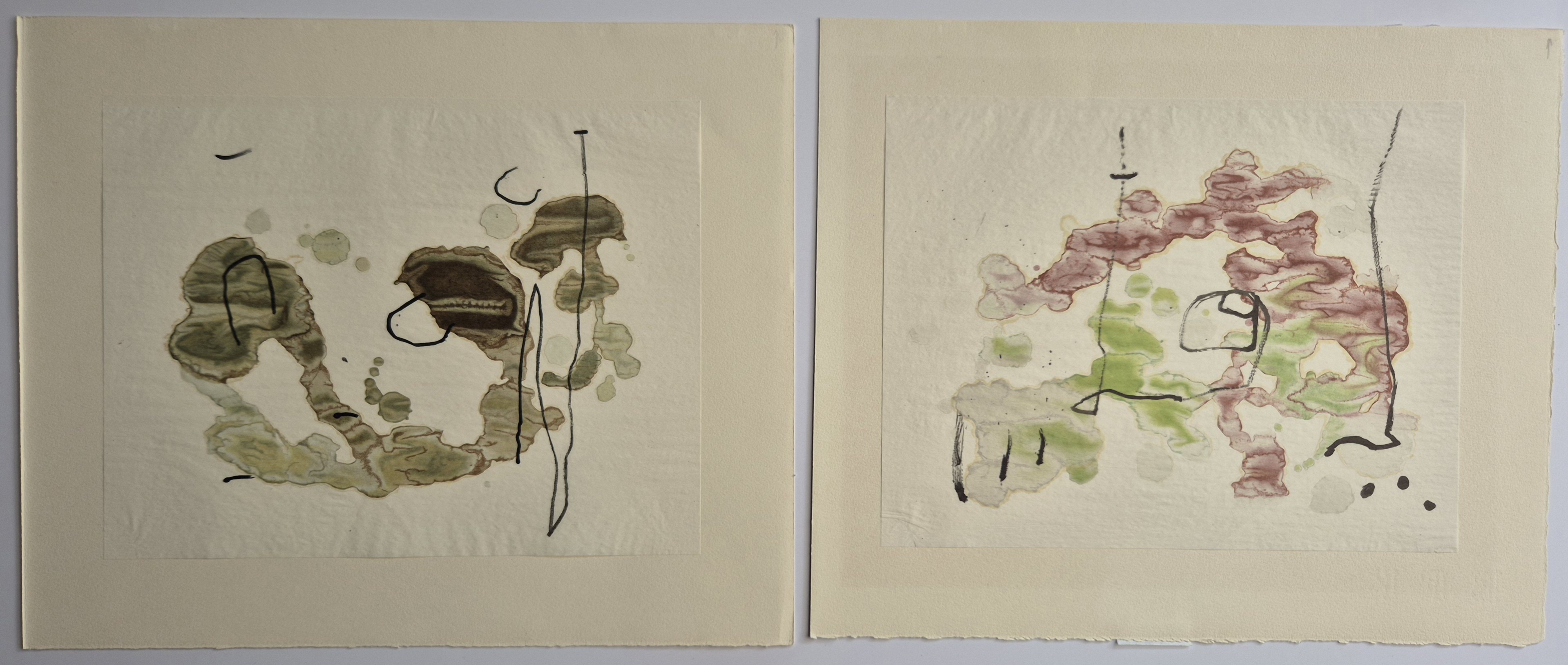 A series of six watercolor paintings on a white background.