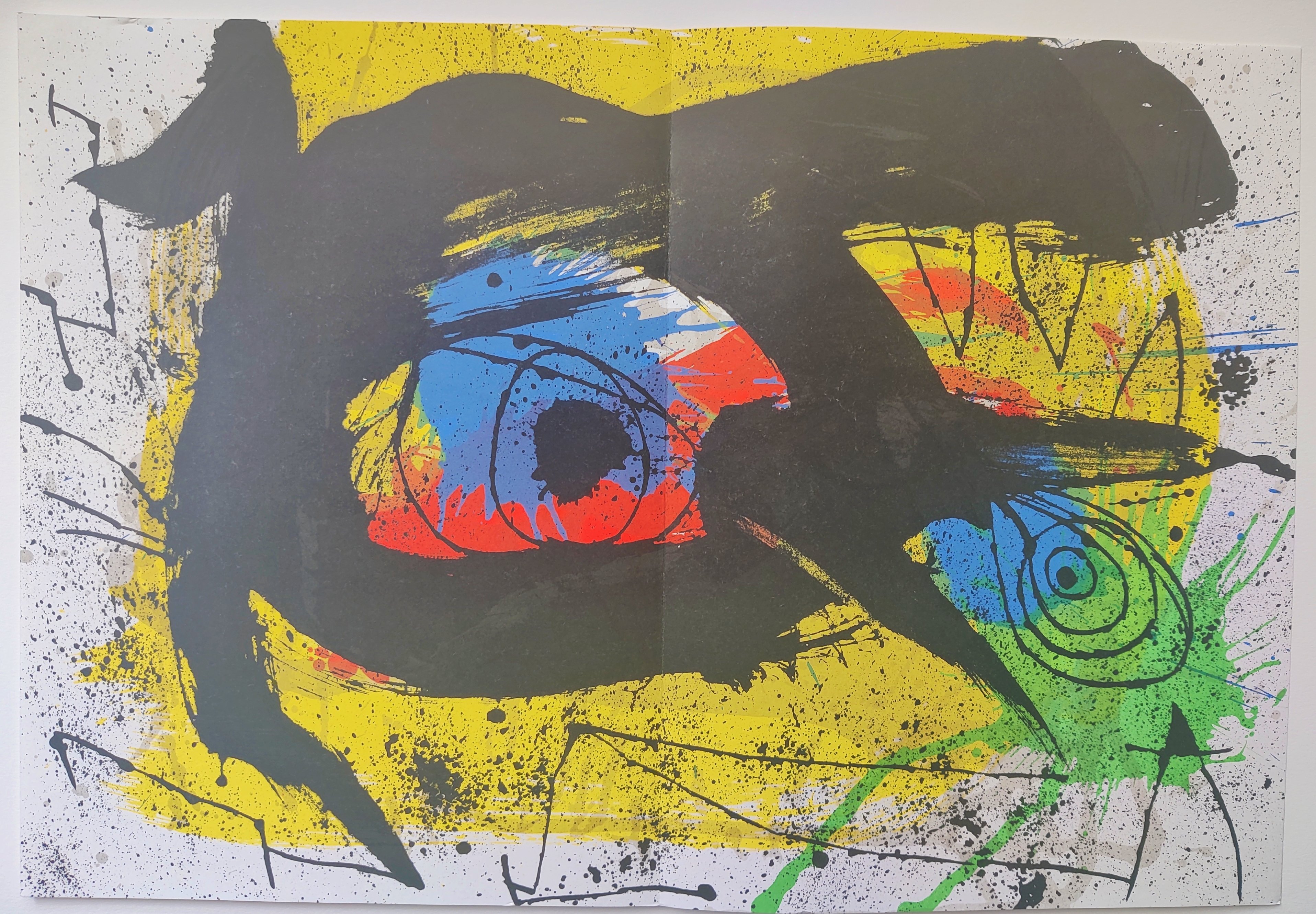 A painting of a dog's face on a yellow background.